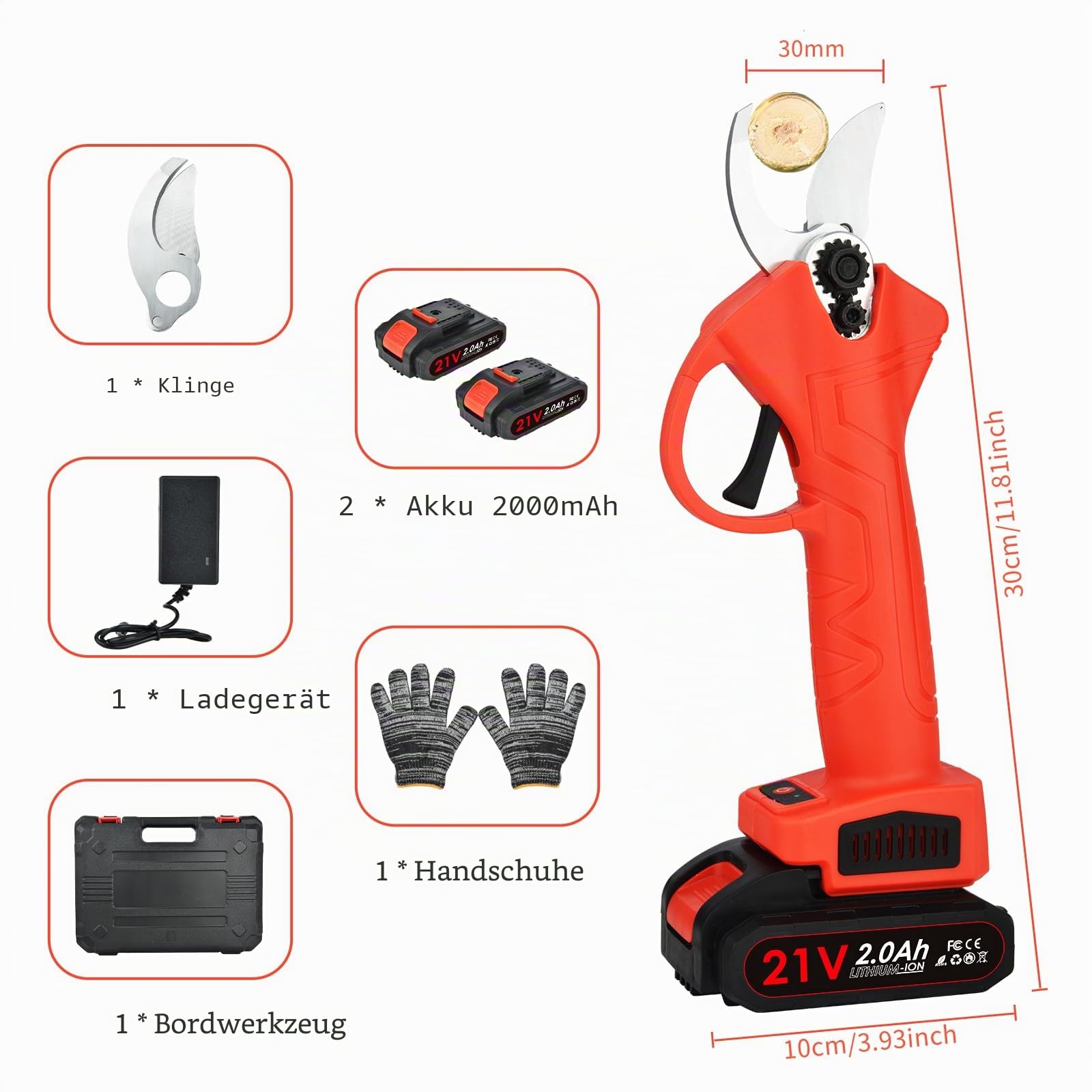Akku Elektrische Gartenschere 30 mm Baumschere: Akku astschere mit 2PCS 21 V 2000 mAh Baterien für Garten, Äste, Blumenbeet