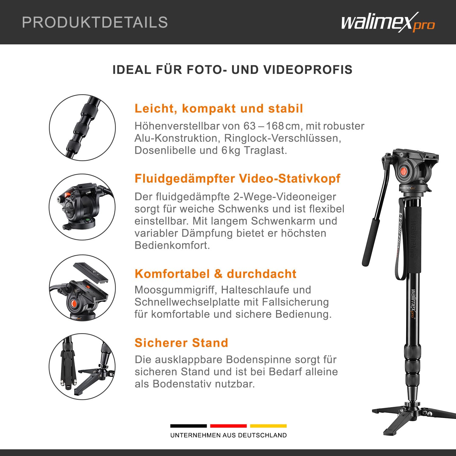 Walimex Pro Monopiede fotografico Director Carbon, regolabile in altezza fino a 191 cm, con testa video a 2 direzioni con ammortizzazione fluida