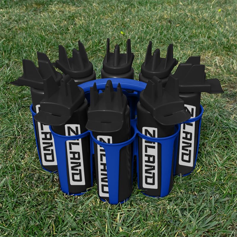 Ziland Hybrid Water Bottle Set • 8 x 1 Litre Easy Squeeze Bottles and 1 x Carrier • Perfect for Sports Teams • Hygienic as there is no mouth contact with the nozzle (Black/Black - Blue Carrier)