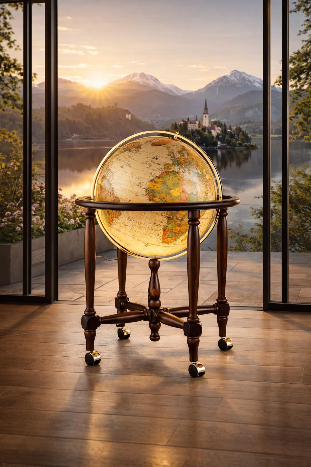 Mappamondo Luminoso da Terra, Stile Antico, Base in Legno di Faggio su Ruote, Diametro 50 cm, Altezza 103 cm Cinthia Antique - Progressio