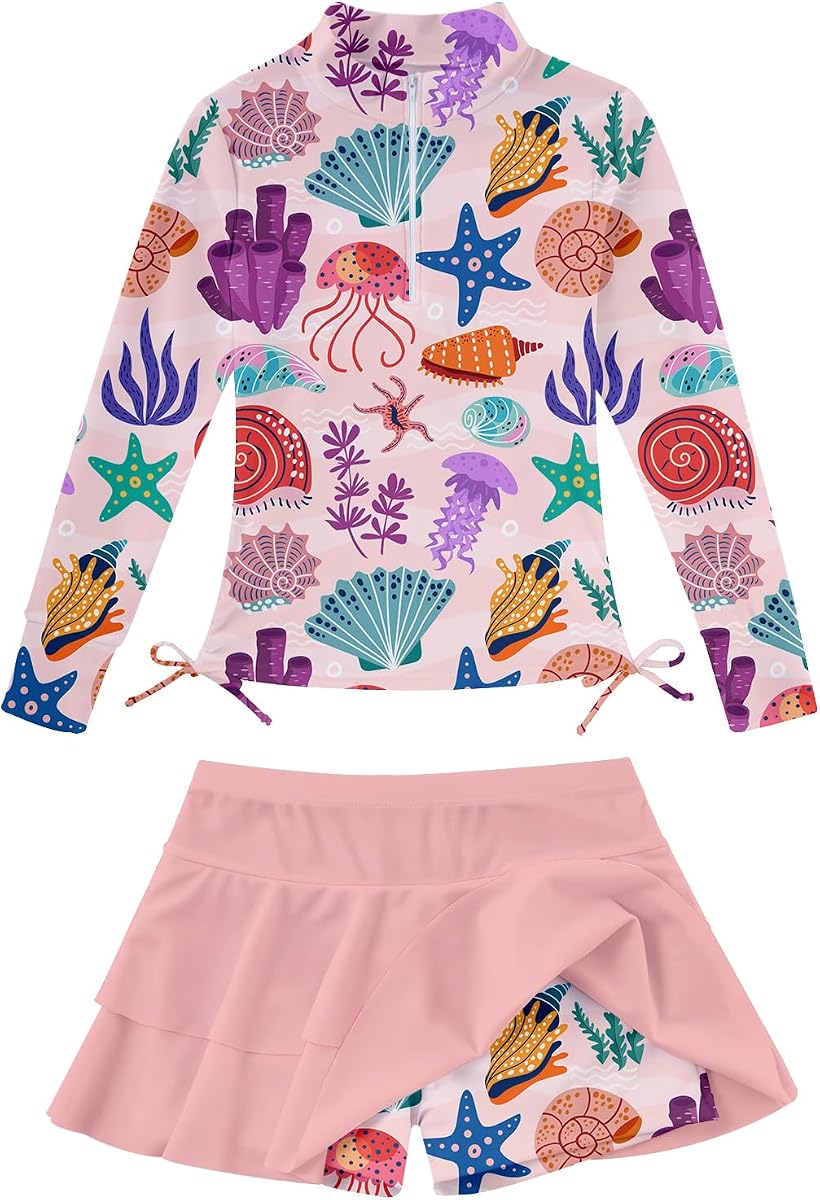 Girls Rashguard 2 Pieces Bathing Suit Long Sleeve Swimsuit 3-12T | Toddler Swimwears, Swimming Skirt with Shorts, Half-Zip Long-Sleeve Sun-Protective Swimsuit