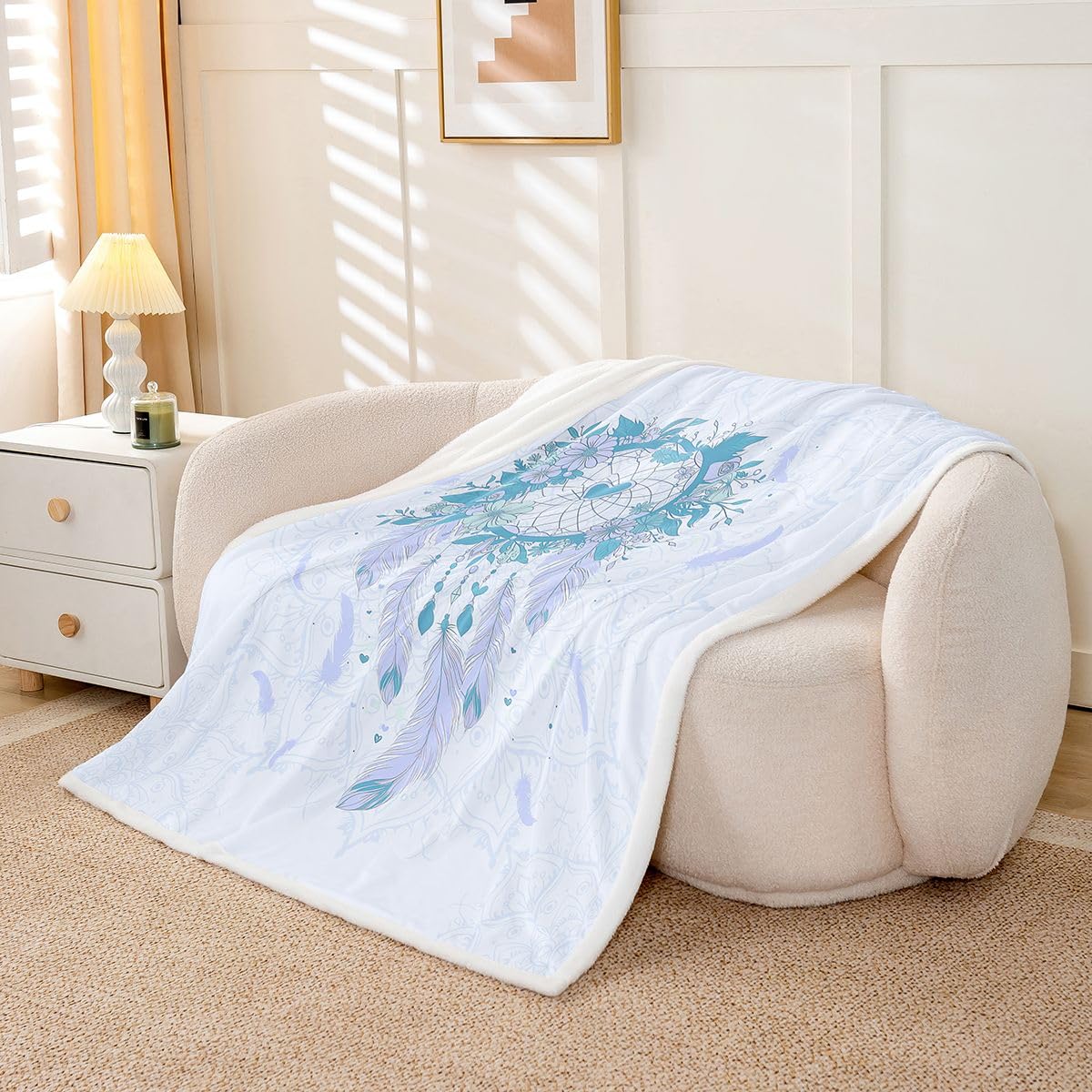 Traumfanger Werfen Sie Decke, Queen Größe Träumige Feder Exotische Blume Herz Dekor Decke Werfen für Erwachsene Romantischer Stil Lila Blau Heimdekor für Bett