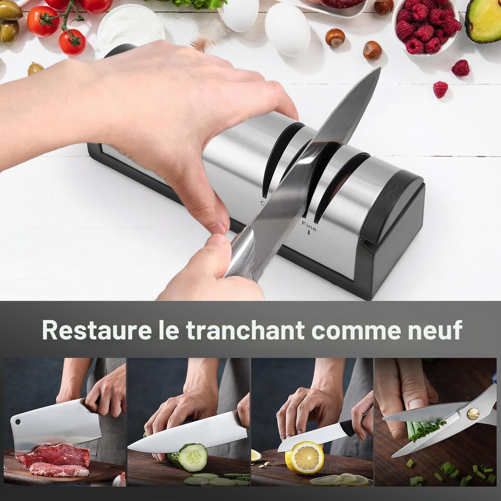Aiguiseur de couteaux électrique Aiguiseur de couteaux électrique rechargeable en acier inoxydable Aiguisage et polissage en 2 étapes Aiguiseur de couteaux outil réparation restauration polissage lame
