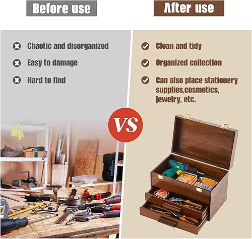 Miniatura 4 de Weysat Mini caja de herramientas de madera de 14 pulgadas con 2 cajones y almacenamiento superior, baúl de herramientas pequeño portátil con