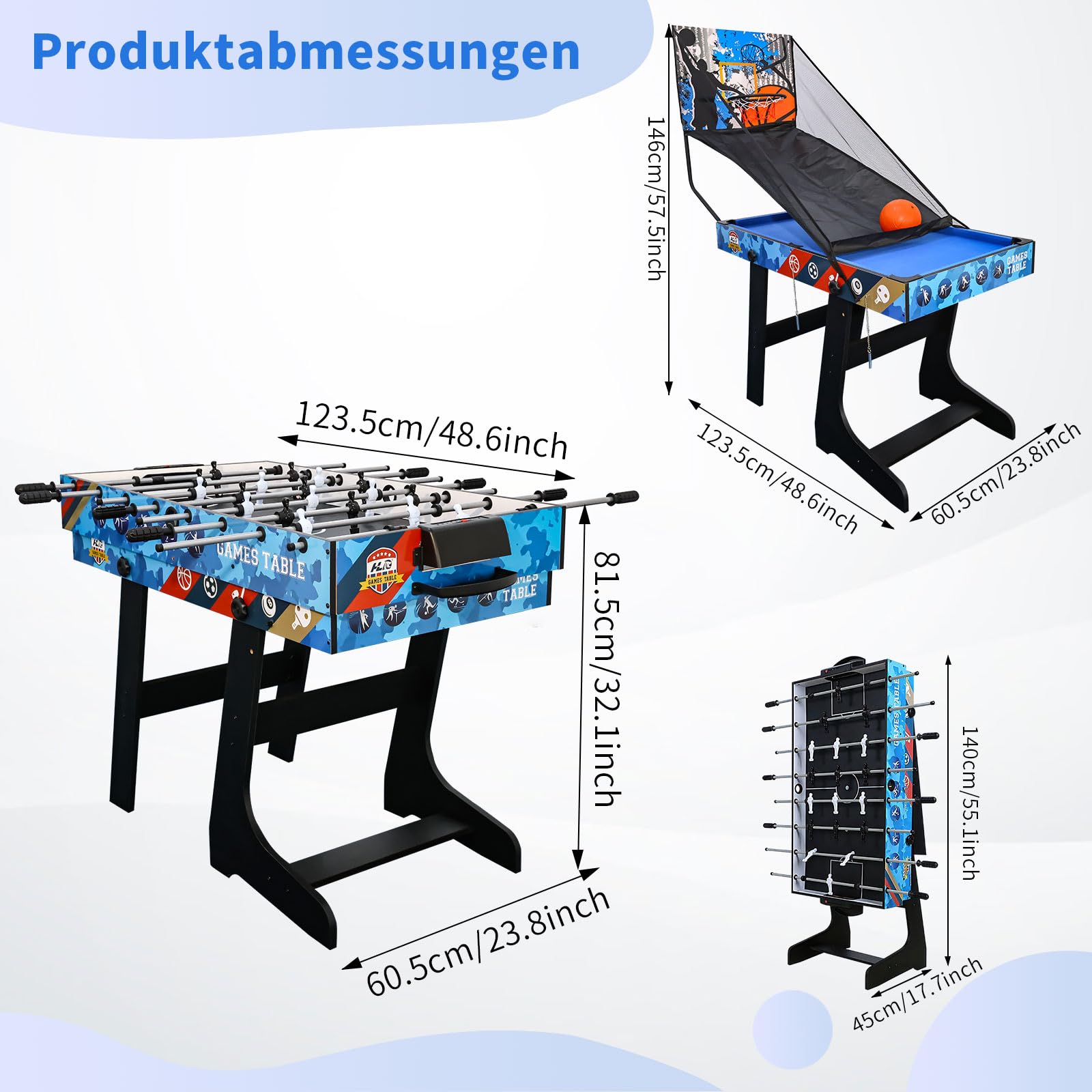 Klappbarer Multifunktionsspieltisch (123 cm) – 5-in-1: Tischfußballtische, Airhockey Tisch, Billardtisch, Tischtennis, Basketball – Für 2-4 Personen – Wohnzimmer, Party, Freizeit