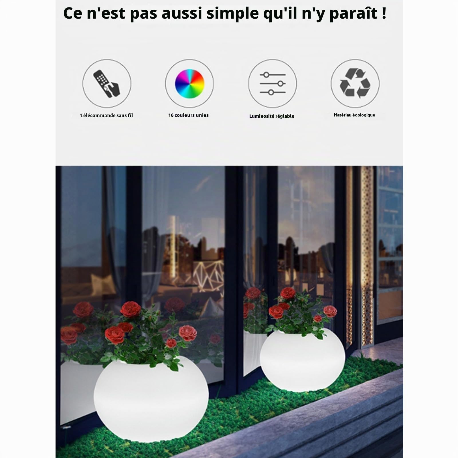 Générique Pot de Fleur LED Rechargeable avec Télécommande – Pot Lumineux Étanche 16 Couleurs pour Intérieur Extérieur, Déco Jardin Balcon Terrasse, Alternative au Pot Solaire,One Size,White