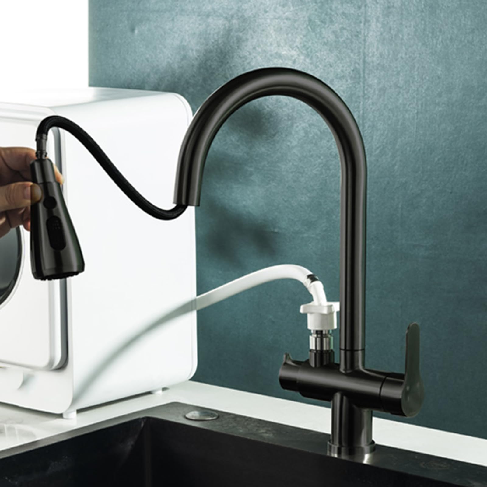 ZYCHSJXA Kitchen Tap with Dishwasher Connector Rotary Stainless Steel 2 Handles Mixer Taps Single Hole-Black