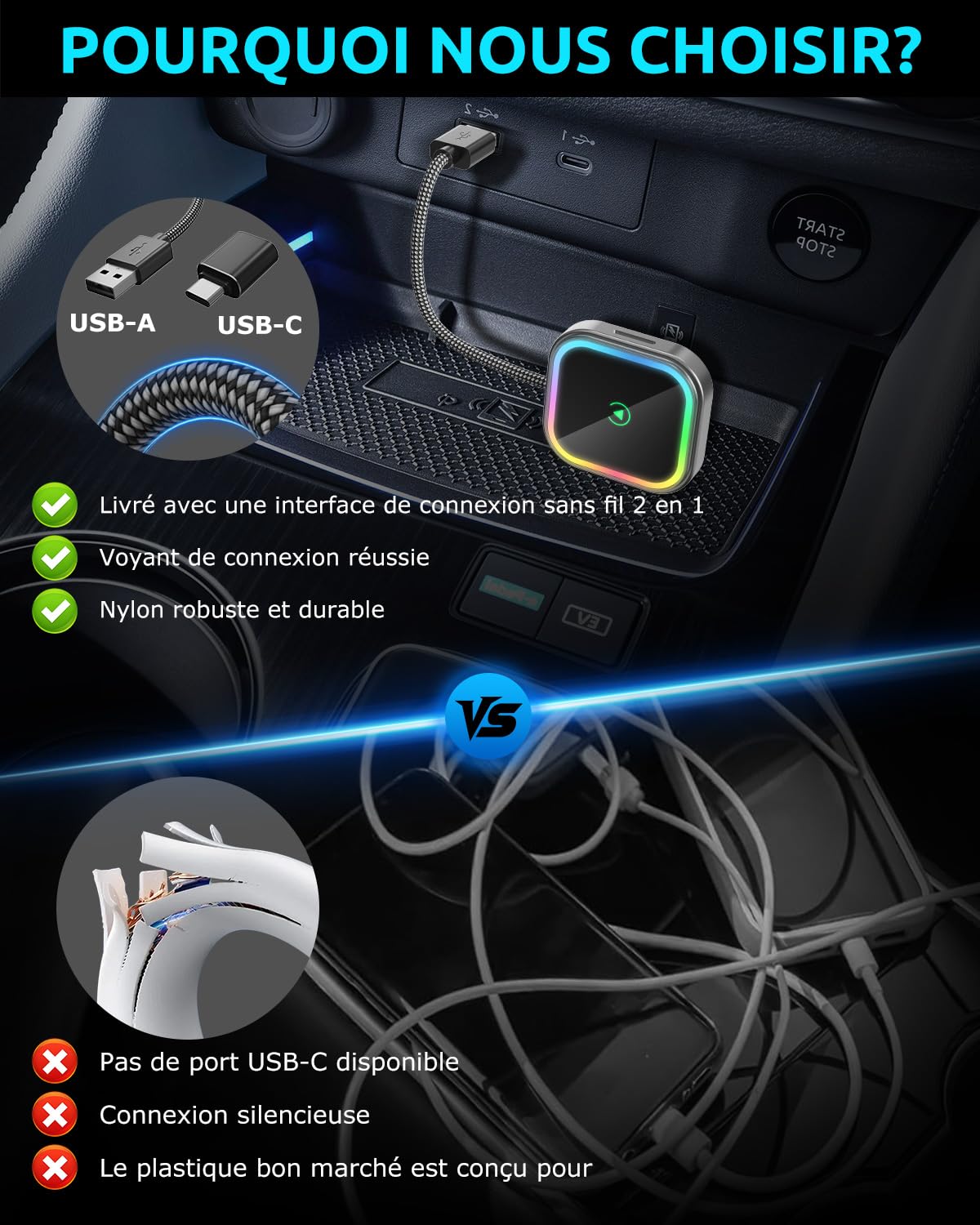 ESSGOO Mini Adaptateur sans Fil pour Apple CarPlay/Android Auto, 2 en 1 Adapter CarPlay sans Fil Bluetooth avec Prise USB A/C,Compatible avec iOS 10+ et Android 11+,RGB à Commande Vocale,Plug and Play