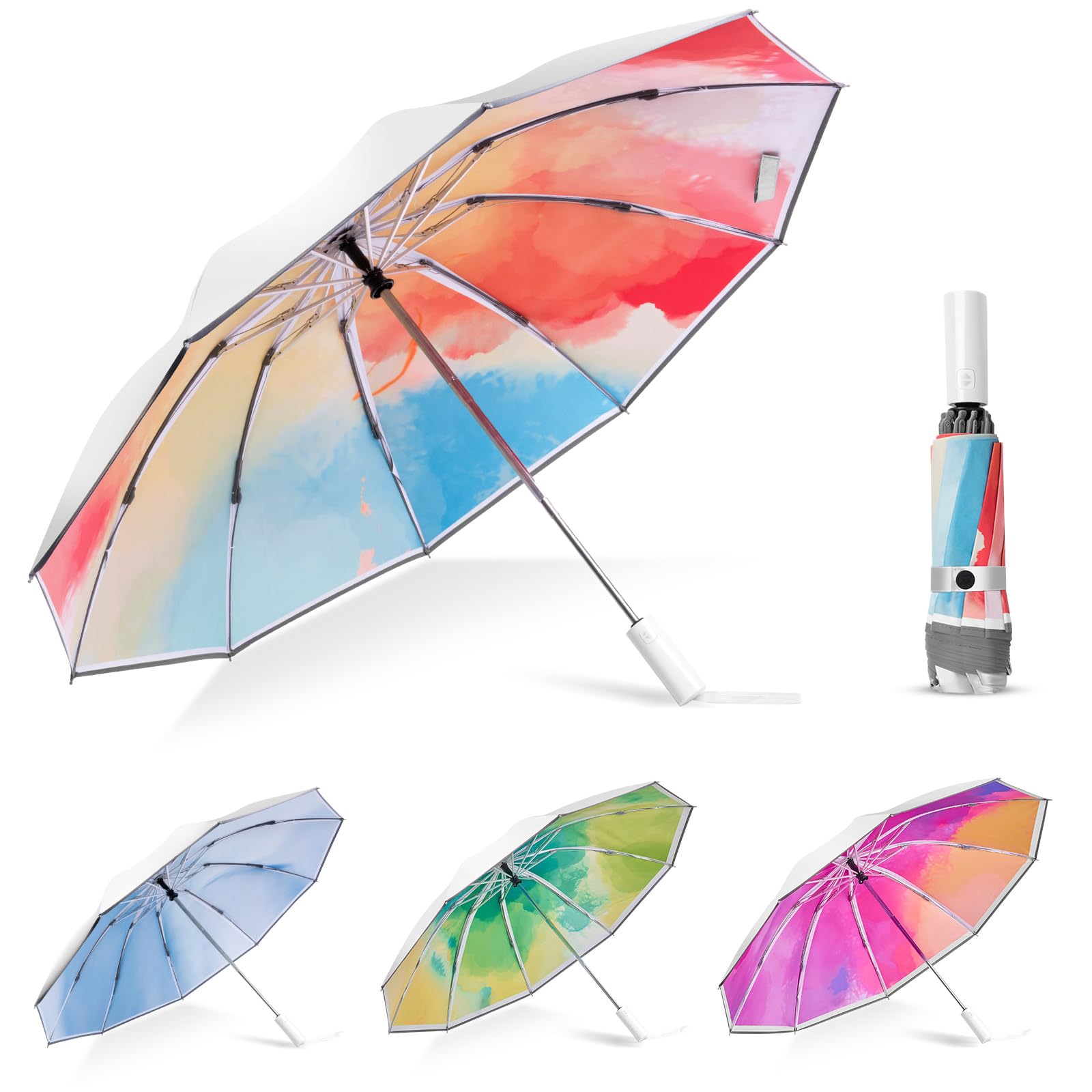 UPF 50+ UV Protection Large Travel Umbrella, Auto Folding Compact Portable Windproof Sun Blocking Umbrella with Silver Reflective Cooling Technology