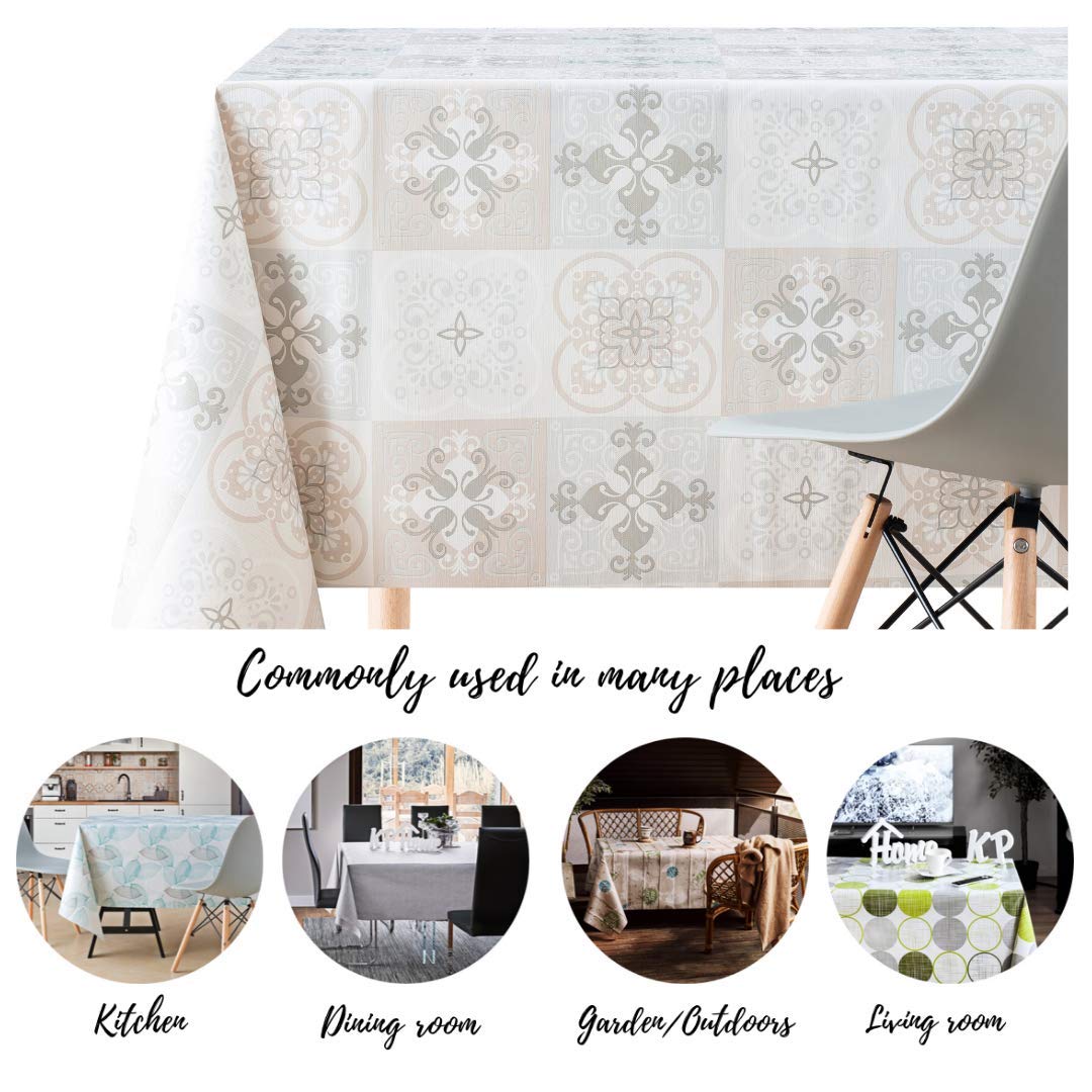 KP HOME Mantel Hule Mesa Rectangular 200x140, Fácil de Limpiar, Marroquí Mantel PVC, Exterior e Interior, Vinilo Impermeable Antimanchas, Patrón de Azulejos Estilo Mediterráneo, Beige y Gris