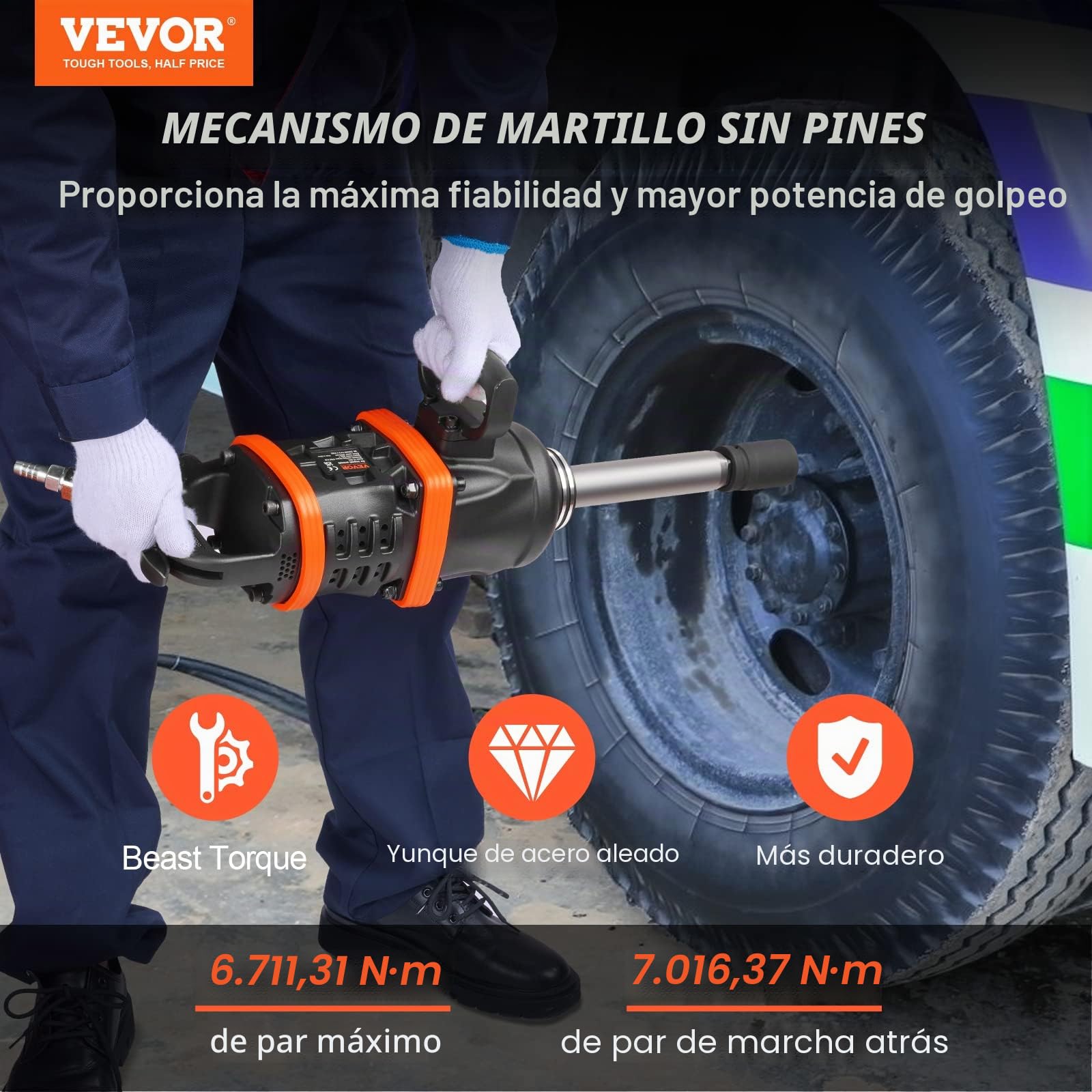 VEVOR Llave de impacto neumática de 1" y 5175 pies-lbs con mango en D de yunque de 8" para reparación, mantenimiento de maquinaria pesada, autobús, entusiasta de la automoción, mecánico profesional