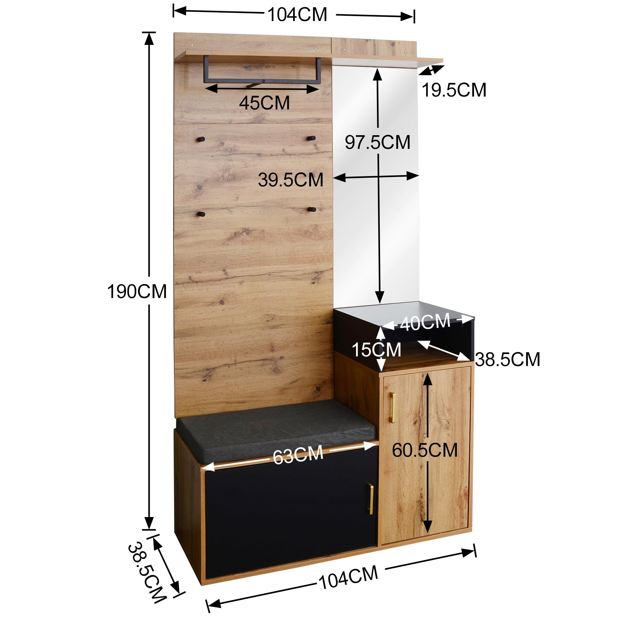 Merax Garderoben-Set mit Spiegel & Schuhschrank, Wandgarderobe 191,5x105x40 cm, 4 Kleiderhaken & Garderobenstange, Sitzbank mit Schuhfächern für 9-12 Paar Schuhe, Flurgarderobe, Schwarz + Holz