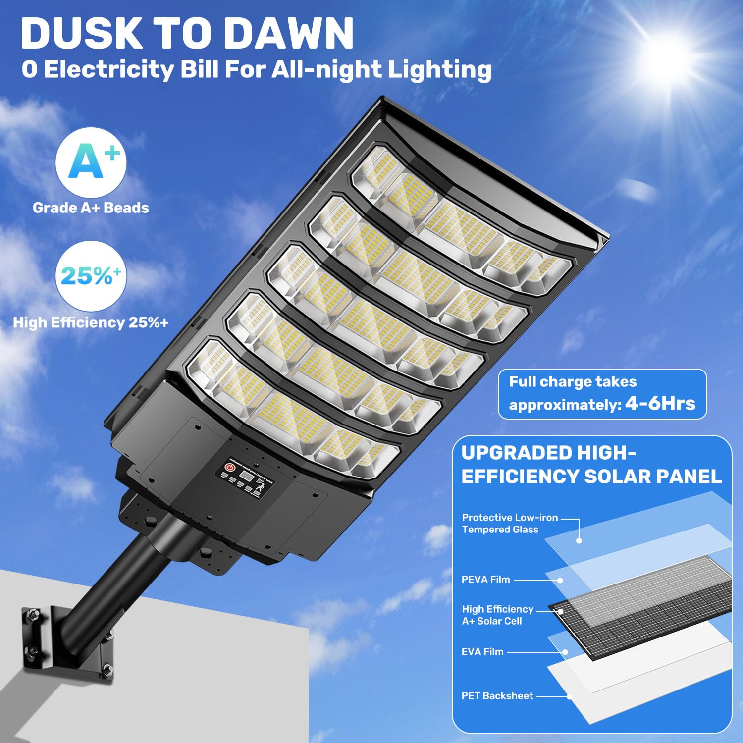 LEKIA Farolas Solares Exteriores, 8000W Potente Farola Solar con Sensor de Movimiento & Mando a Distancia, 6500K Impermeable Foco Solar Luz de Seguridad para Jardín, Patio, Parcela