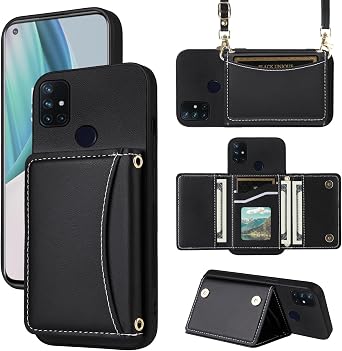 Wallet Case for OnePlus Nord N10 5G with Crossbody Strap Premium PU Leather Card Holder Shockproof Heavy Duty Slim Cell Phone Cover for One Plus N 10 G5 1 Plus 10N 1plus One+ 1+ N105G Black