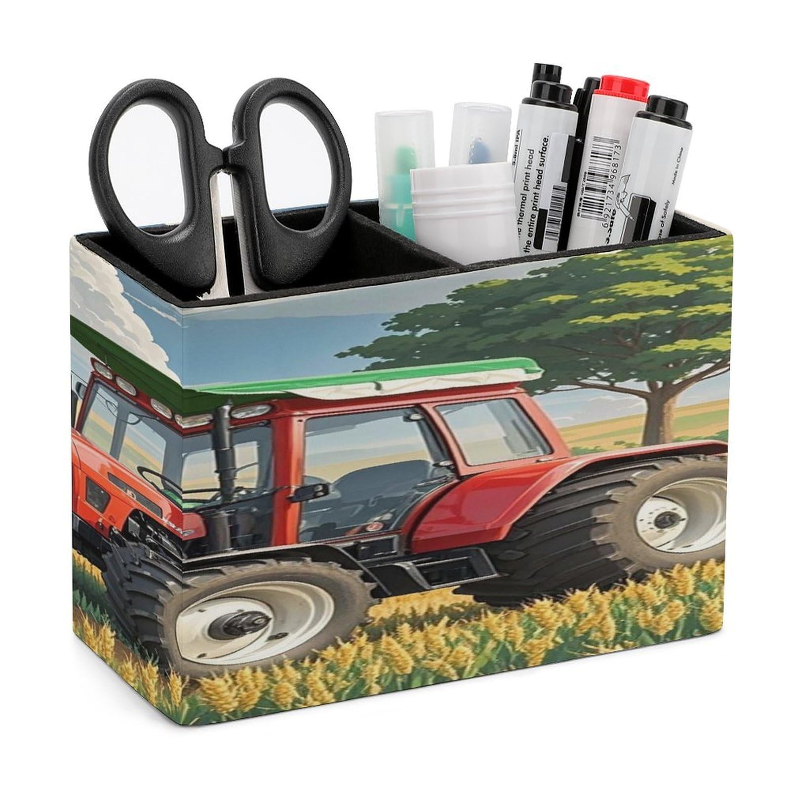 LZQPOEAS Tractor Theme Leather Pen Holder with 2 Compartments Luxury Pencil Holder Minimalist Pencil Cup Brush Scissor Holders Elegant Pen Cup for Office Home Desk Accessories