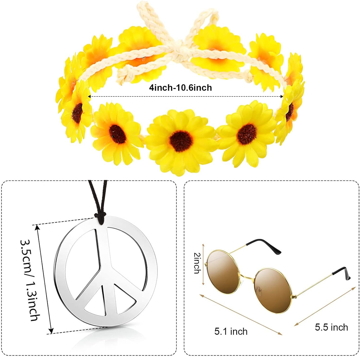 4 Pieces Halloween Carnival 60s 70s Women Hippie Costume Set Fringe Vest Faux Tassels Sunflower Hairband Necklace Glasses