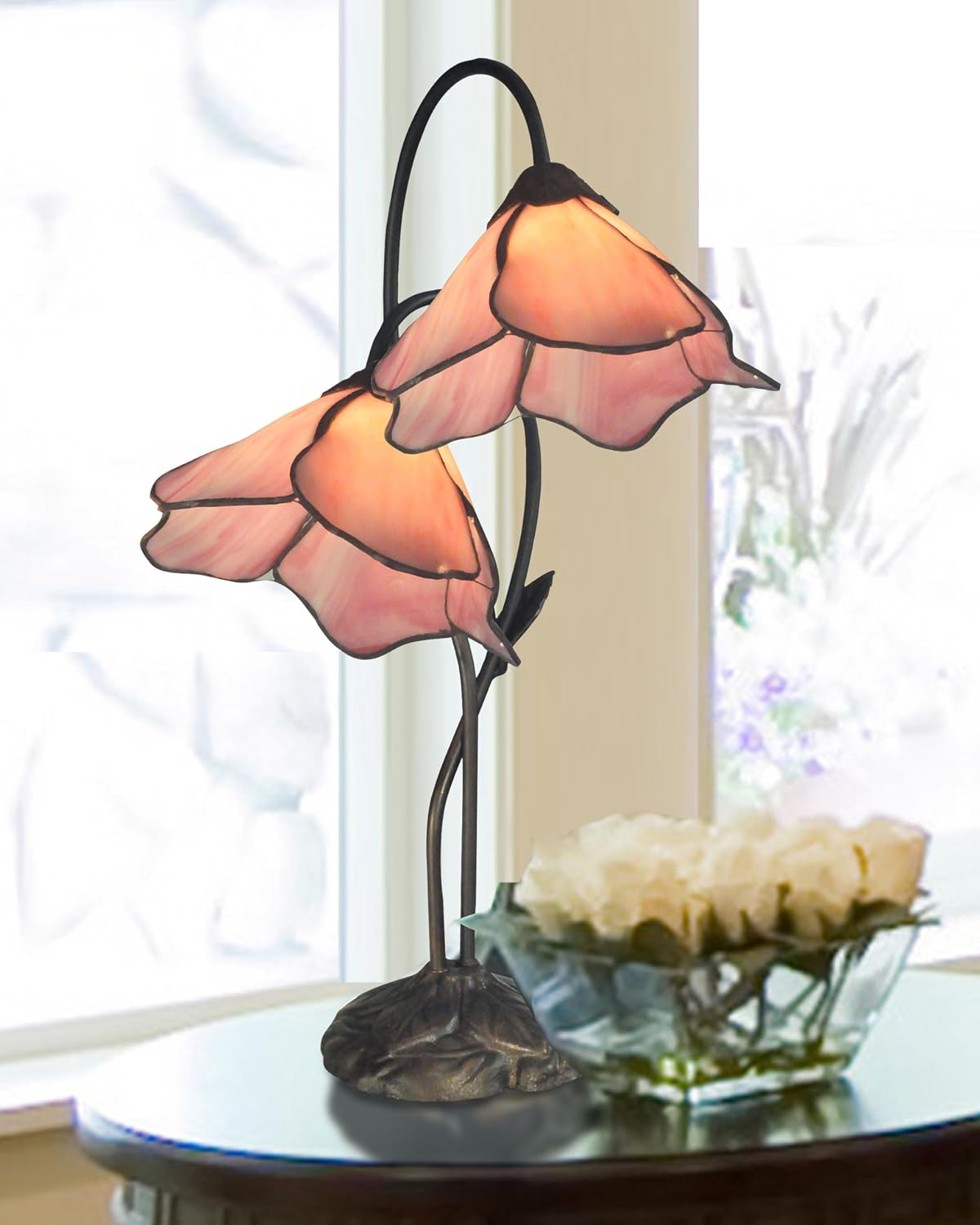 Dale Tiffany TT12146 Poelking 2-Light Pink Lily Table Lamp, 12" x 12" x 21", Bronze