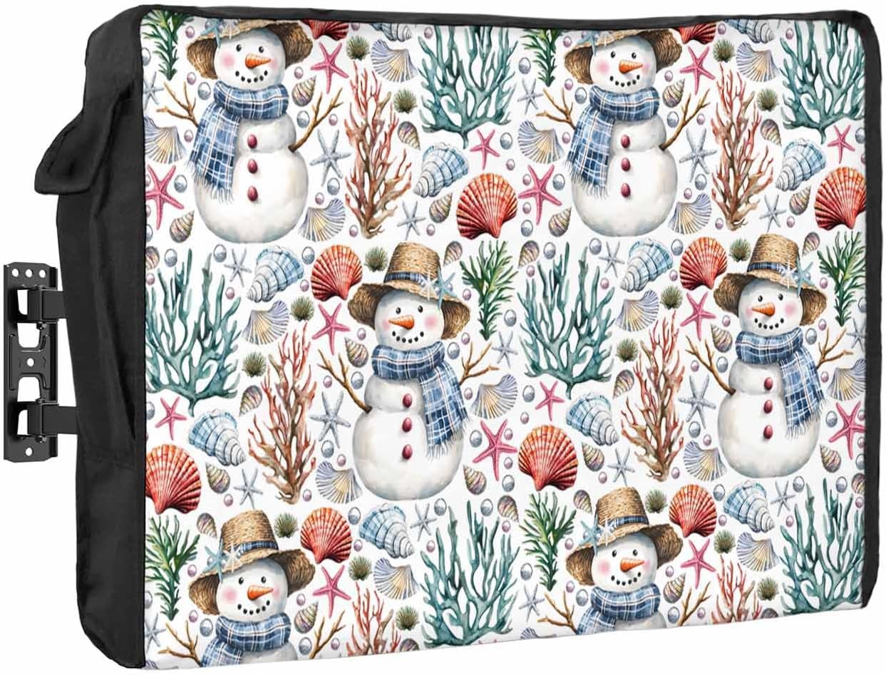 Christmas Coastal Snowman Outdoor TV Cover 60"-65" - 600D Waterproof TV Cover Weatherproof TV Screen Protector Dustproof Winter Ocean Xmas Coral White TV Display Protector for Outside Flat Screen TV