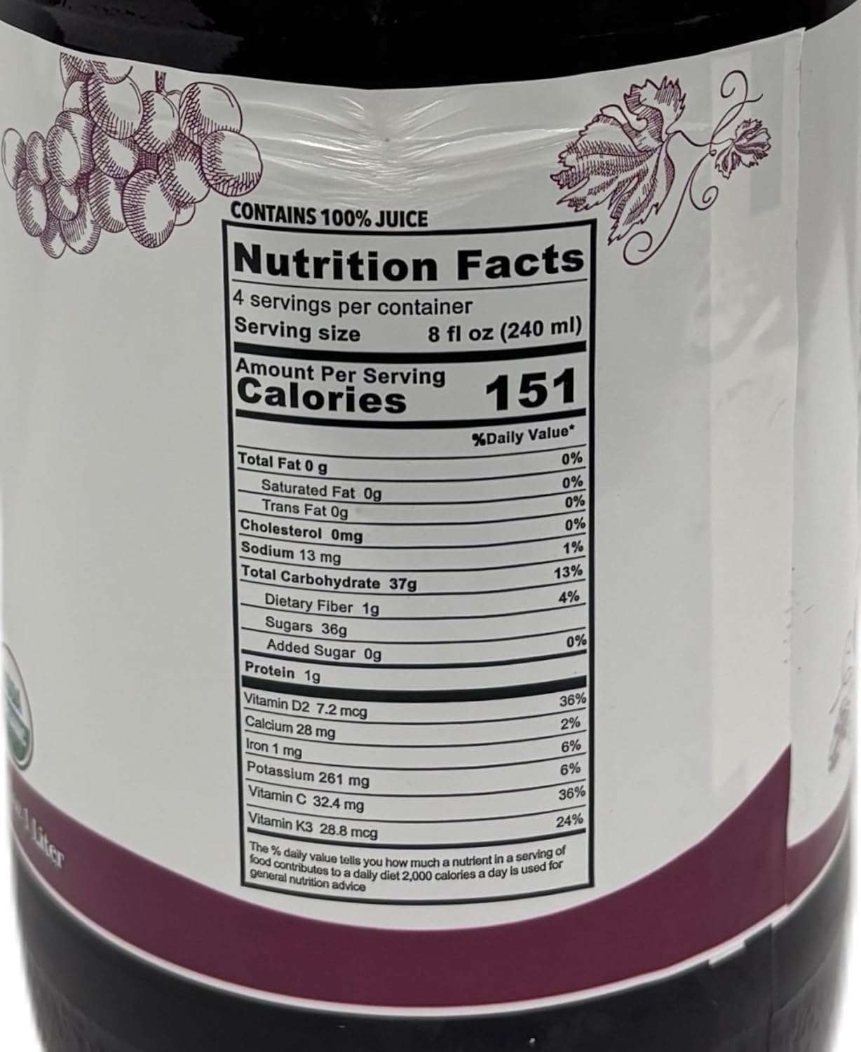 Anna and Sarah 33.8 Oz Organic Grape Juice - USDA Organic Certified - Glass Bottle (4 Pack) No Sugar, No Artificial Colors, No Preservatives, No Flavors Added, Not from CONCENTRATE