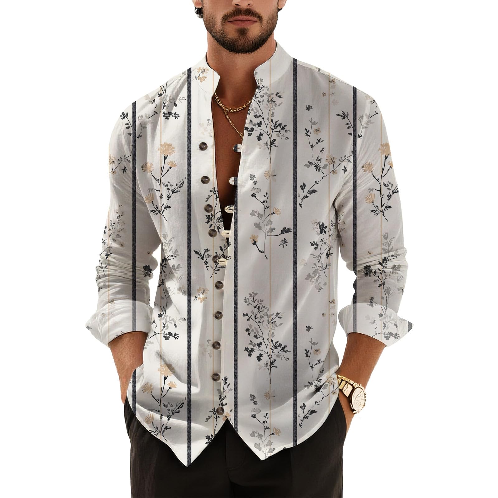 Men's Mandarin Collar Button Down Shirt Long Sleeve Lightweight Floral Paisley Print Modern Fit Fall Top
