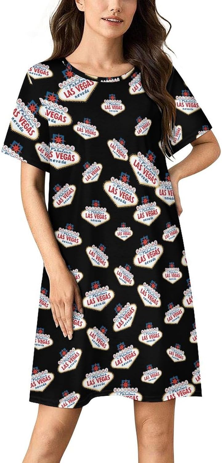 Welcome to Las Vegas Nightgowns for Women Short Sleeve Sleep Dress Casual Sleepshirt Night Gowns Pajamas