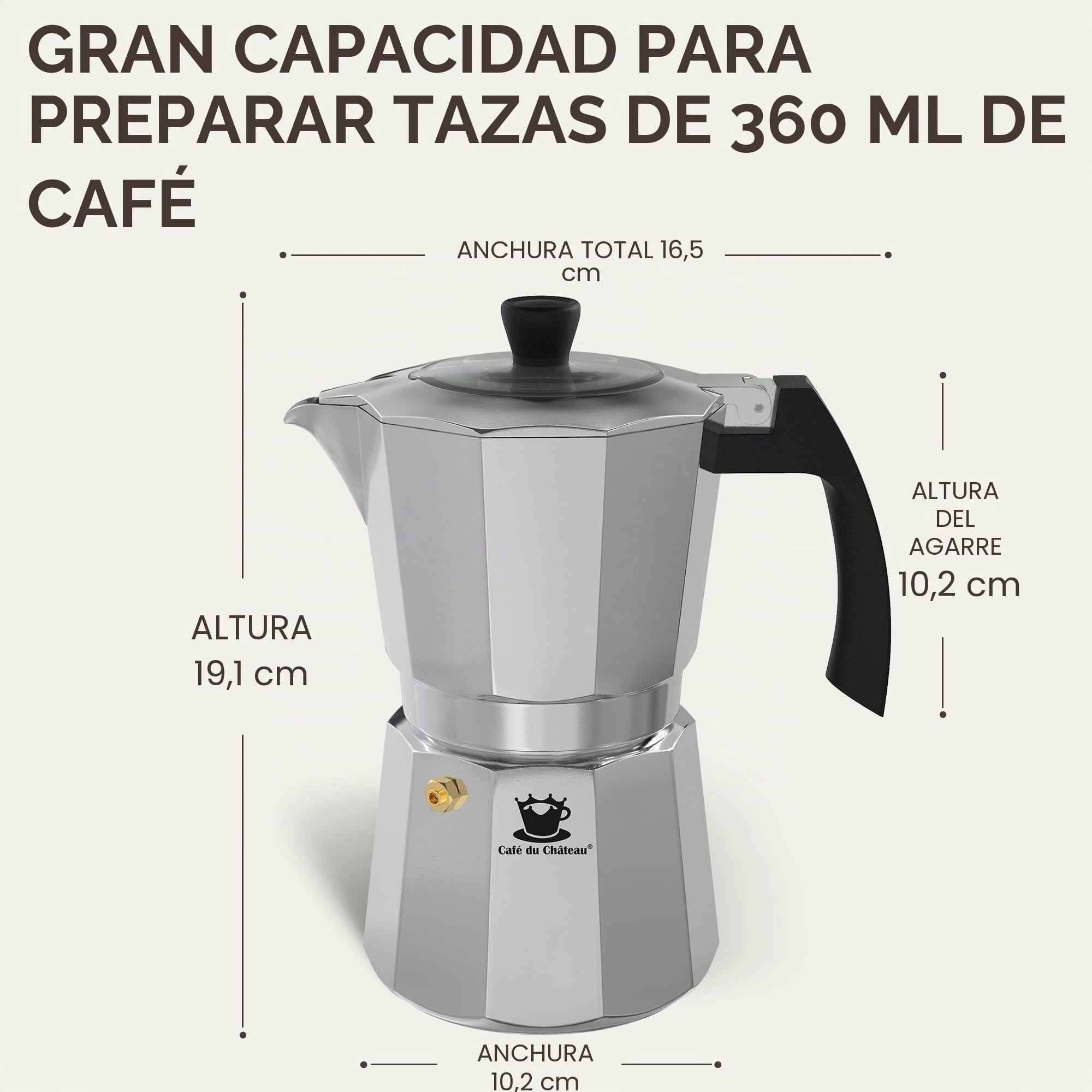 Cafe Du Chateau Cafetera Italiana Induccion de café con tapa transparente, acabado brillante, cuchara de café, 6 tazas y máquina de moca para capuchino, latte