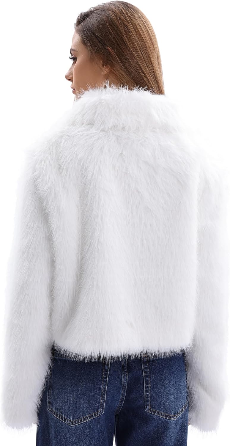 Amazhiyu Women's Faux Fur Zip Up Crop Coat Long Sleeve Lapel Jacket with Pockets - Image 3