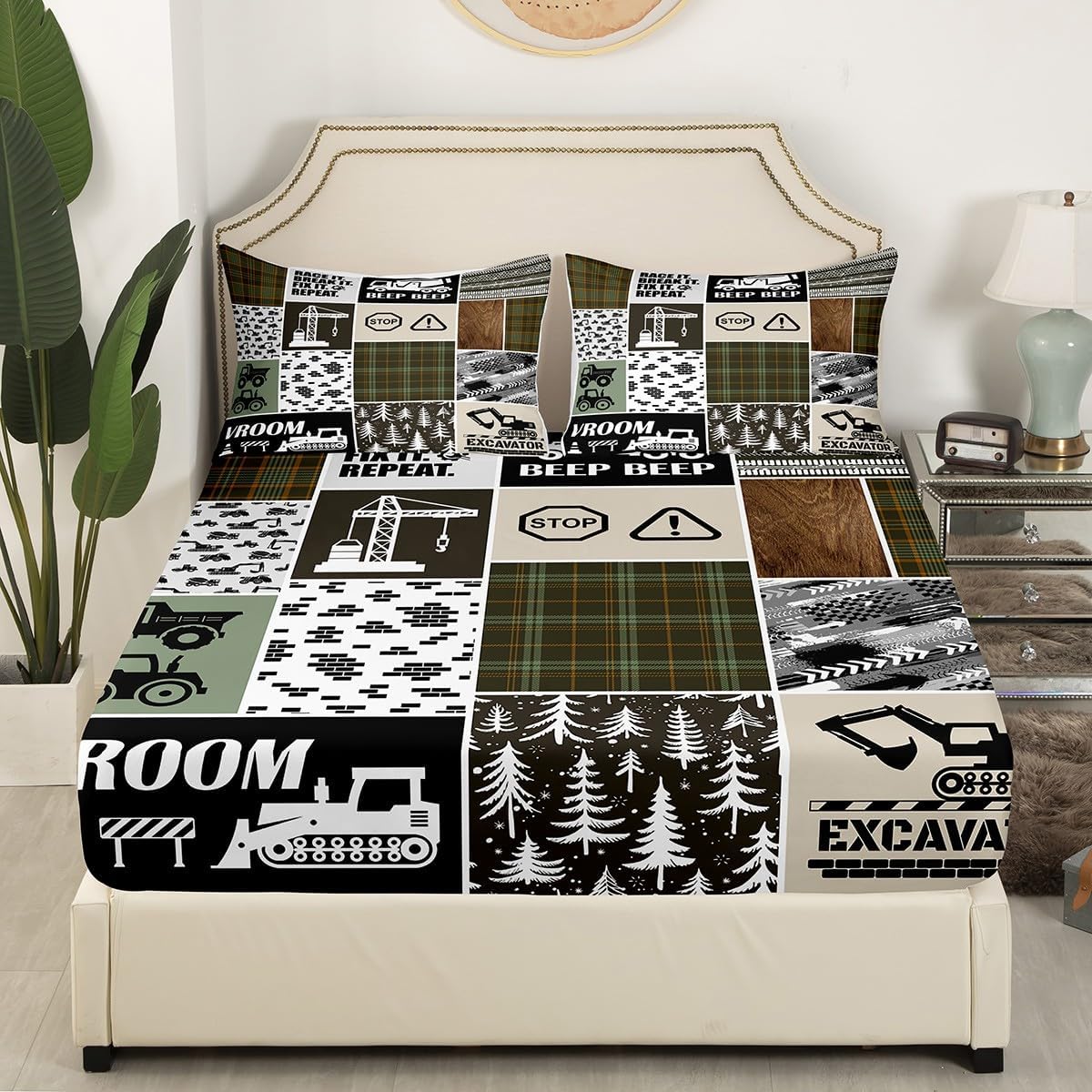 Cartoon Tractor Kids Fitted Sheet Twin Size,Excavator Truck Construction Vehicles Bedding Set,Boys Girls Men Room Decor,Geometric Plaids Brick Wall Bed Cover,Camo Bed Sheet,1 Pillowcase image 2