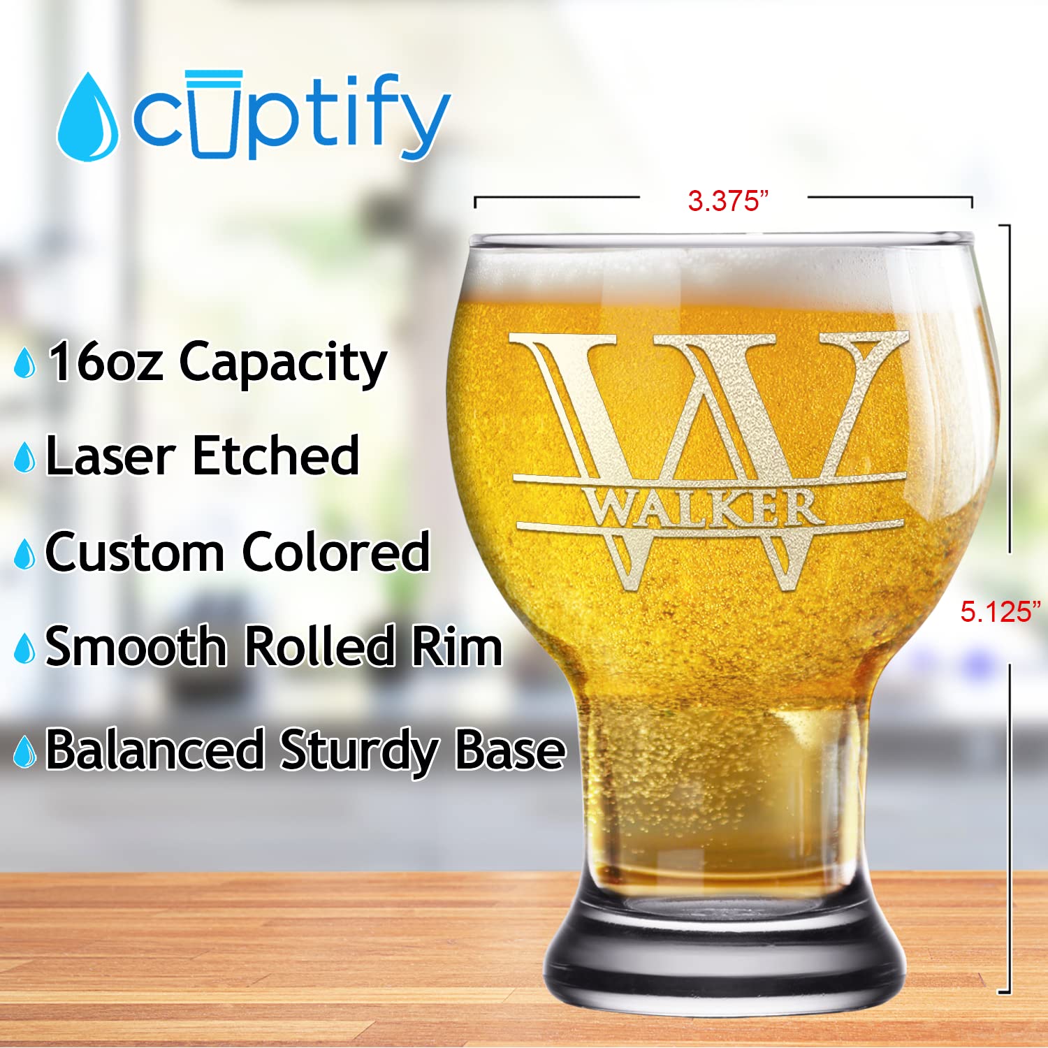 Personalized Beer Glass Split Script Initial and Name 16 oz Etched Craft Master Select with Custom Text Party Favors Birthday Gift for Men and Women