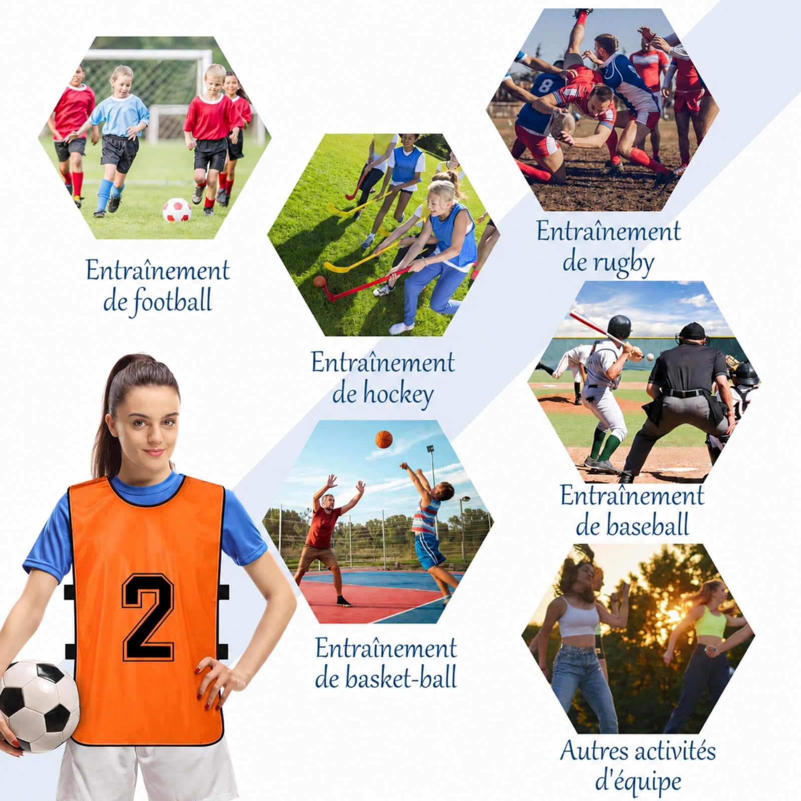 12 Chasubles de Football Enfants, Maillots d’Entraînement Réversibles Numérotés – Gilets de Sport en Maille pour Basket, Foot, Volley, Rugby – Bleu et Orange