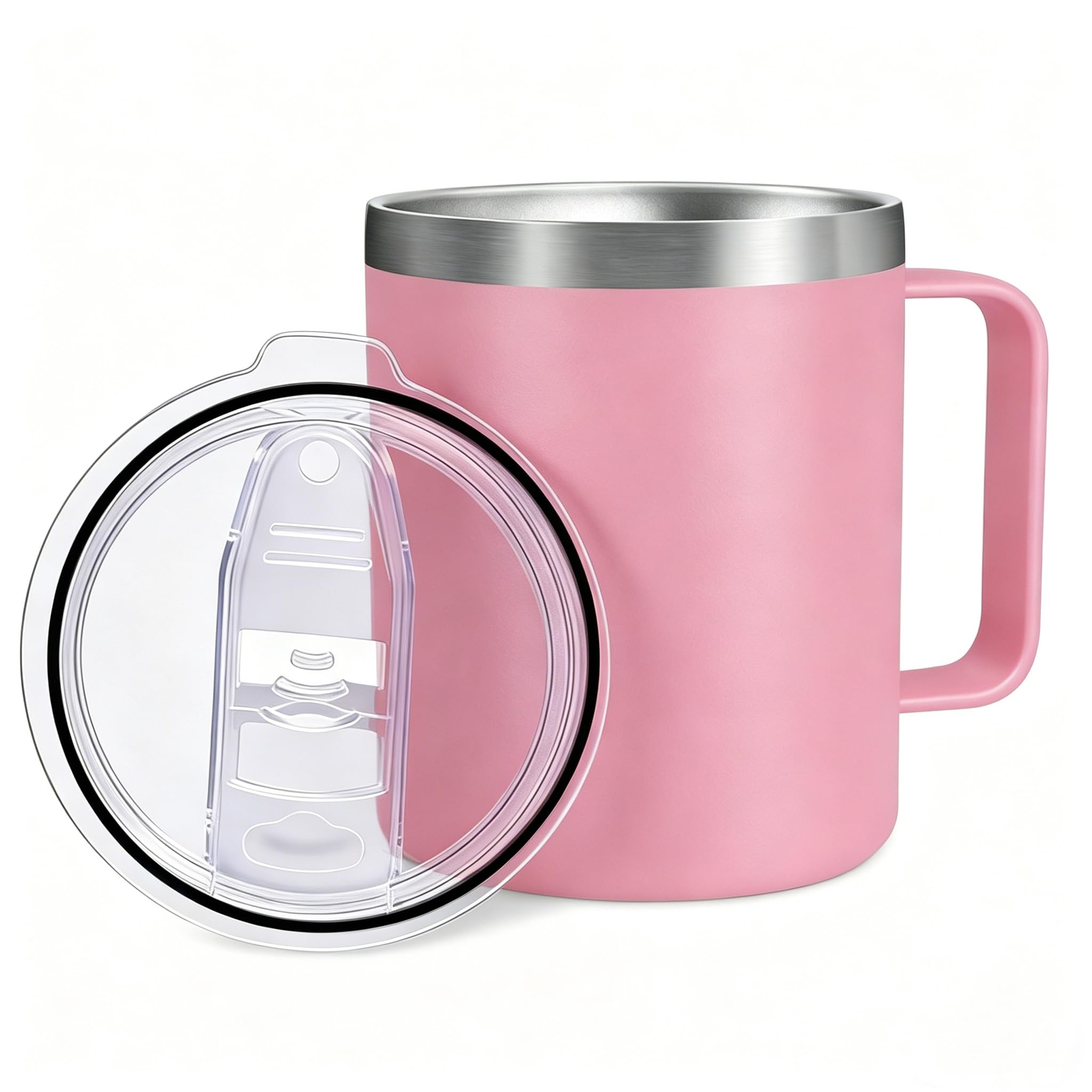 Byitin Insulated Mug 360ml, Stainless Steel Thermal Coffee Cup & Travel Mug with Handle and Lid, Double Wall Vacuum Leak-Proof for Hot & Cold Drinks, Camping & Office Use, Work & Commuting(Pink)