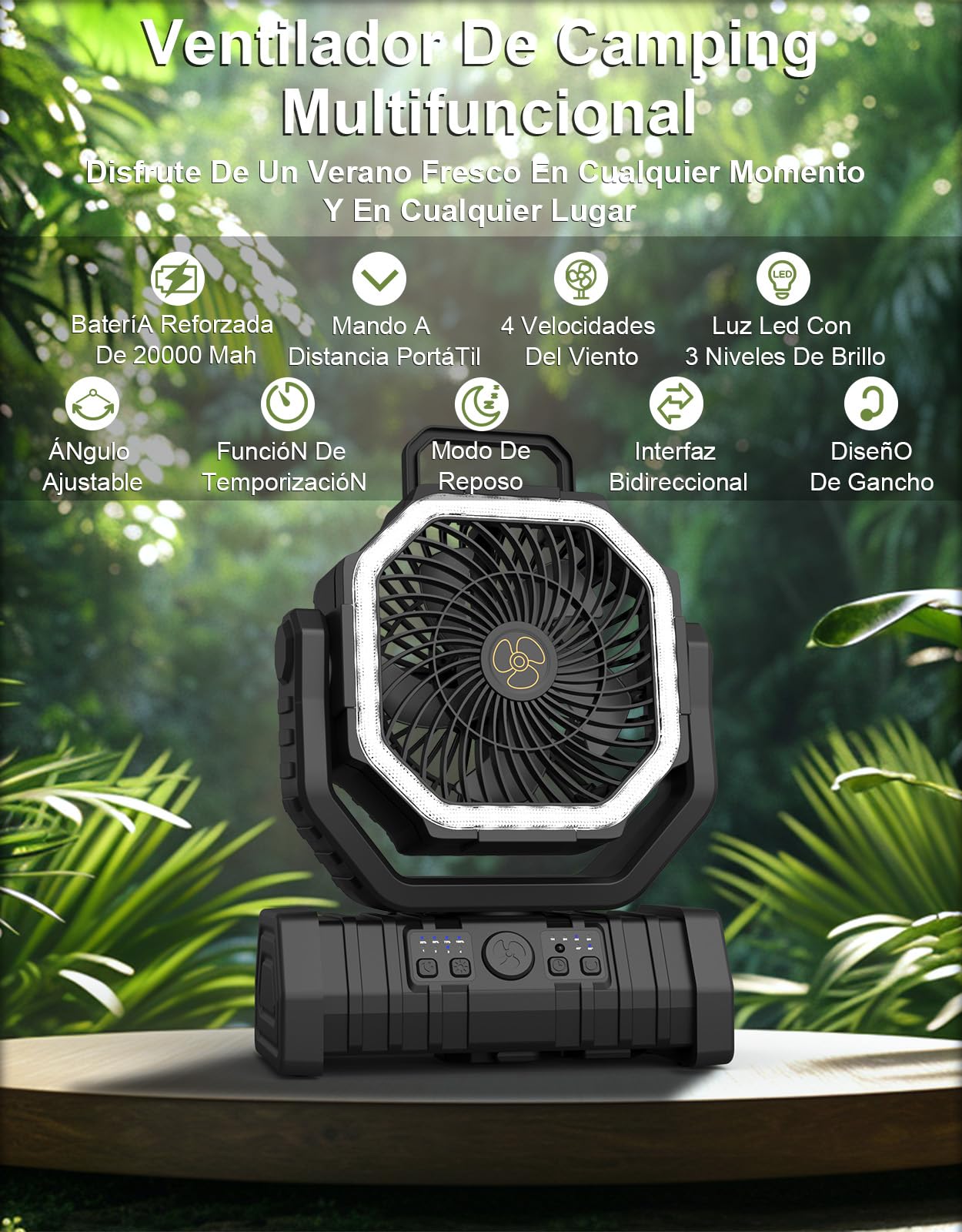 Richday Ventilador Camping 20000mAh, Ventilador Portatil Recargable, Ventilador USB de mesa con batería,Control Remoto, 270° de rotación,Luz LED, para Oficinas Dormitorio Tienda Camping Viaje