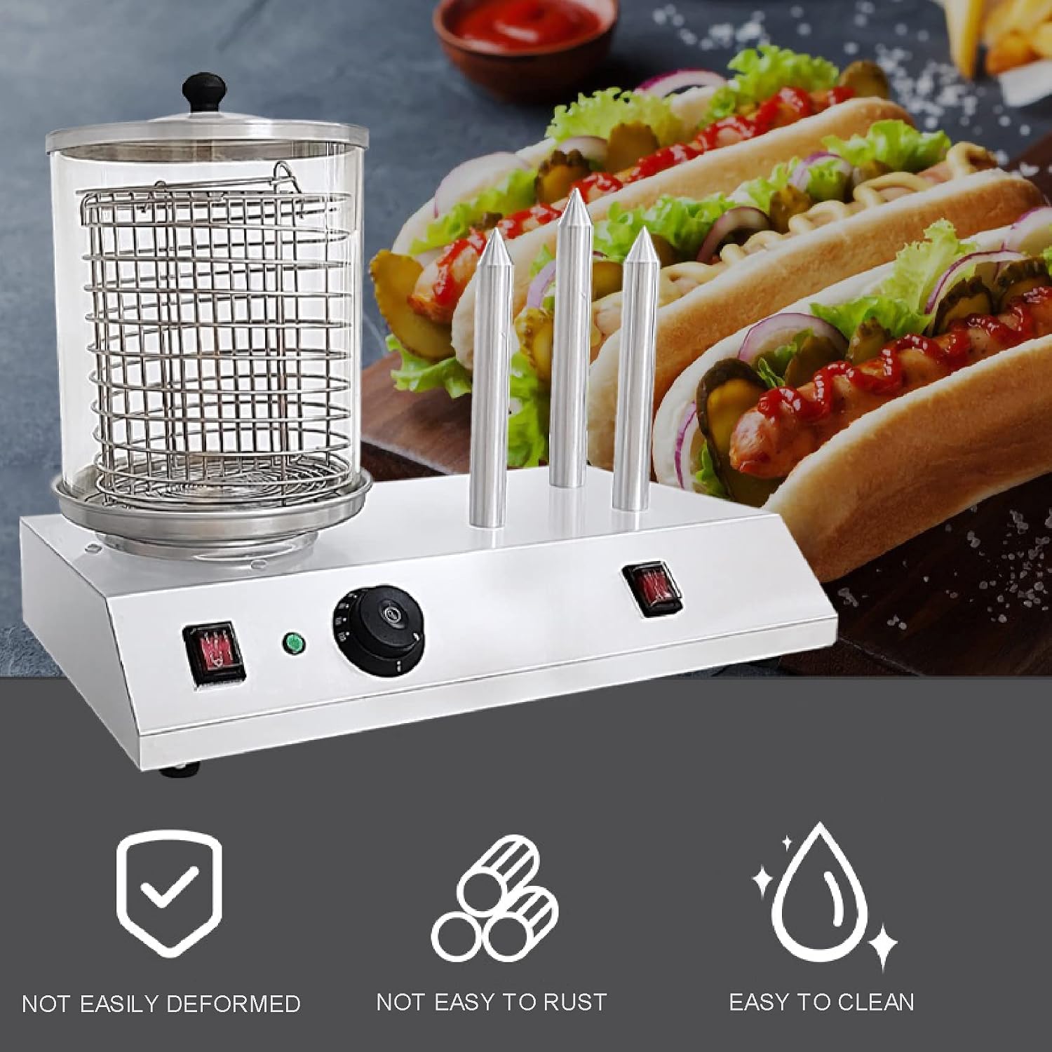 Commercial Hot Dog Roller Grill/Sausage Maker with Temperature Control and Detachable Glass Cover, for Restaurants