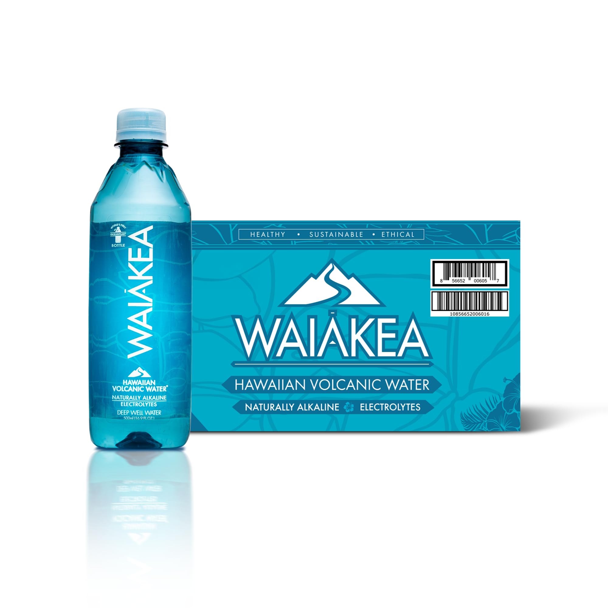 Waiākea - Hawaiian Volcanic Water - Naturally Alkaline Water - pH Range 7.6 to 8.2 - All Natural Minerals & Electrolytes - 100% Recycled Water Bottles - Bottled Water 24 Pack - 16.9 Fl Oz, 500 mL