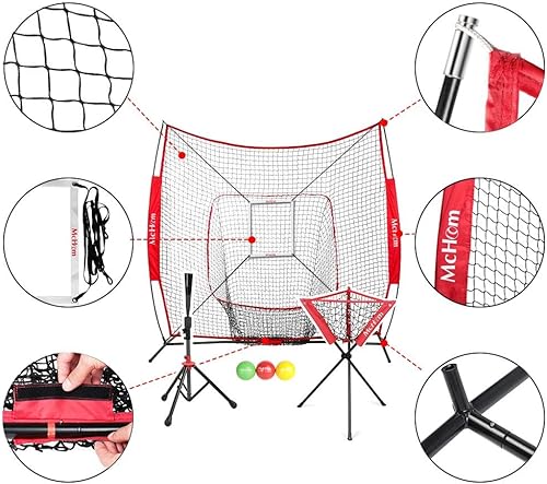 Miniatura 3 de McHom Juego de red de práctica de béisbol y sóftbol de 7 x 7 pies con camiseta de viaje, organizador de bolas, 3 bolas pesadas y zona de golpe para