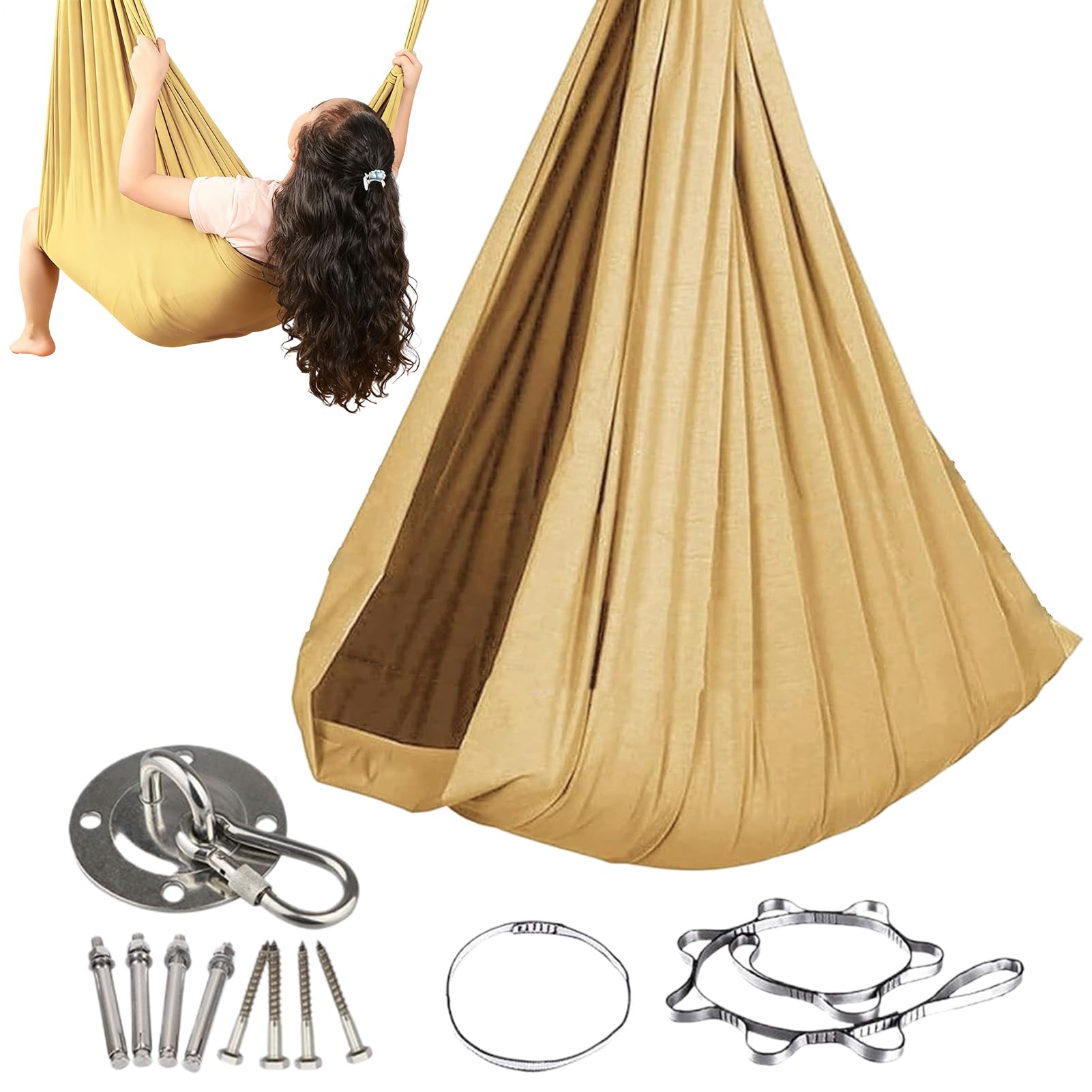 Amaca - Tessuto confortevole | Campeggio traspirante - Altalena sospesa elastica per il libero interno ed esterno in poliestere e acciaio inossidabile con accessori rimovibili, misura 280 x 100