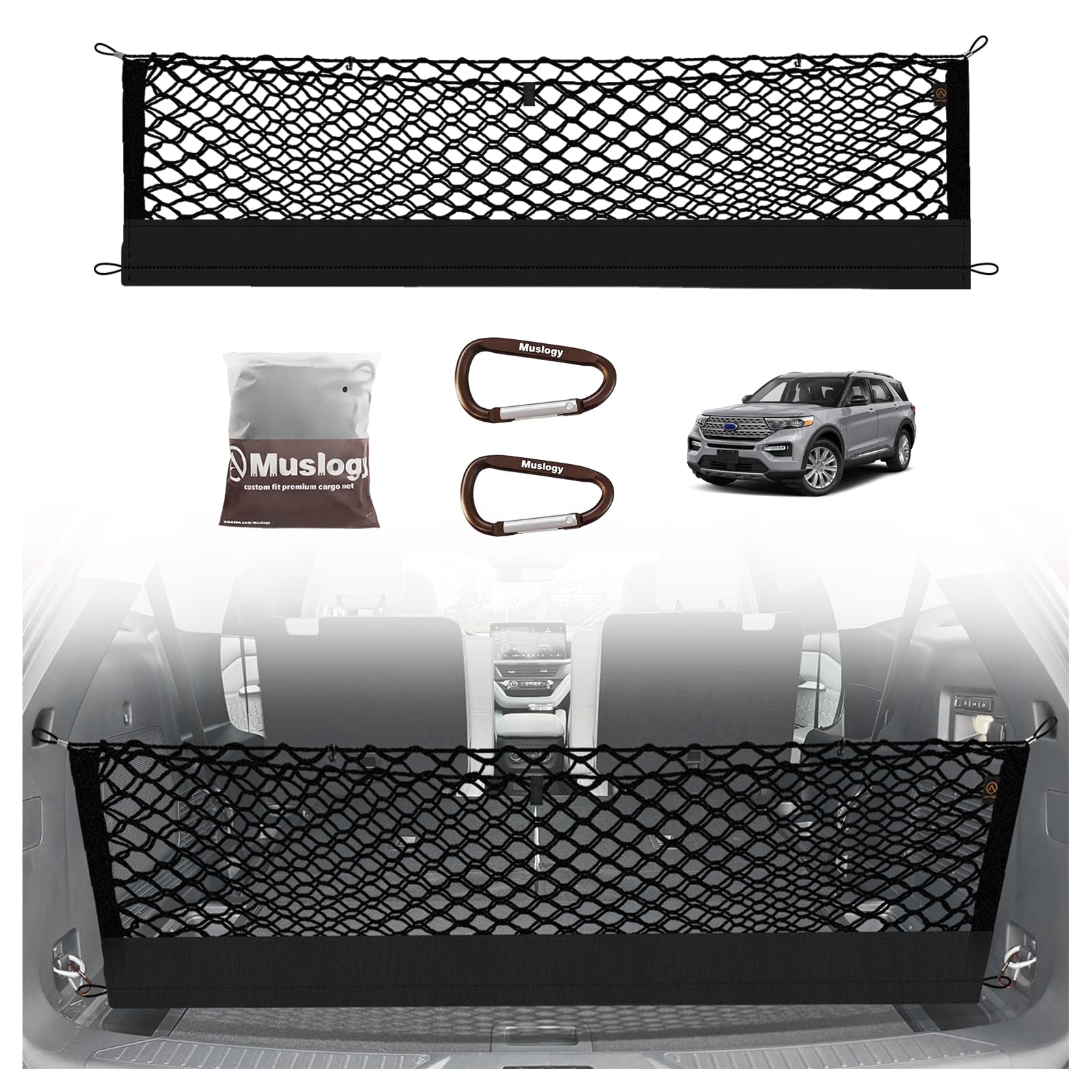 Muslogy Envelope Style Trunk Cargo Net Compatible with 2020-2024 2025 Ford Explorer Accessories Custom Fit Trunk Organizer Upgraded Mesh Storage Luggage Net with Metal Hooks