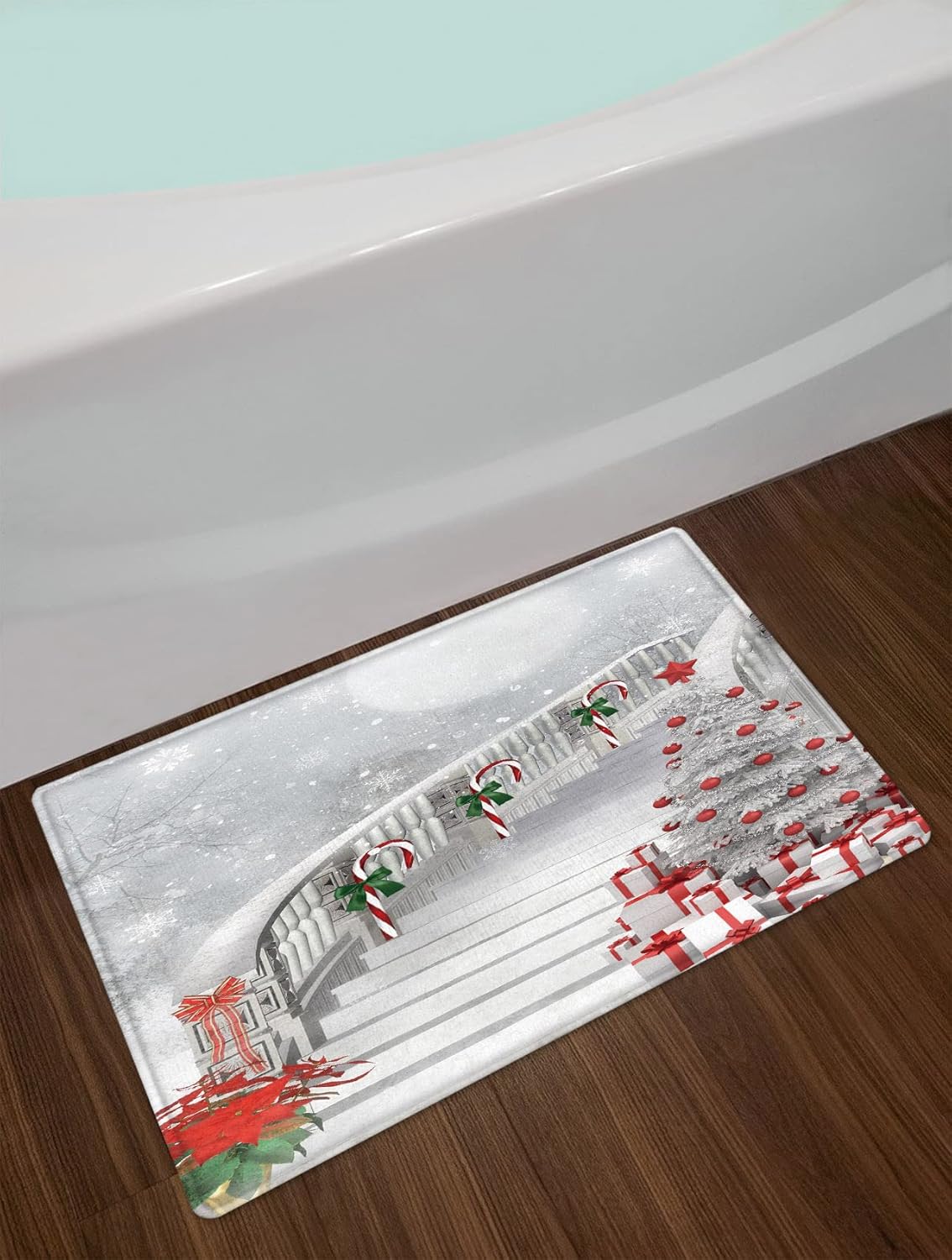 LB Merry Christmas Shower Curtain Sets with Non-Slip Rugs Red Xmas Balls on Christmas Tree Shower Curtain Set for Bathroom Winter Snowflake Candy Cane on Stairs Bathroom Decor Sets, 72X72 Inch