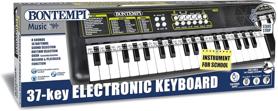 Bontempi | KeyRhythm - Digital Keyboard with 37 Keys, 1.5 cm Pitch with Headphone Socket, Pentagracmata Strip, Metronome and Transposer, 42.5 x 15.2 x 4.7 cm