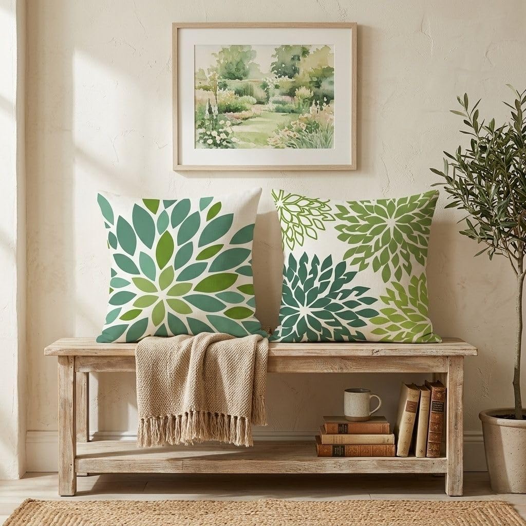 Hopomoon Set 4 Federe Cuscino Piante verdi, Lino bianco 45x45cm, Cerniera invisibile, Lavabile