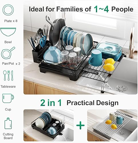 Miniatura 3 de GSlife Escurridor de platos con escurridor  Escurridor de platos expandible 2 en 1 para encimera y fregadero de cocina, escurridor de platos de