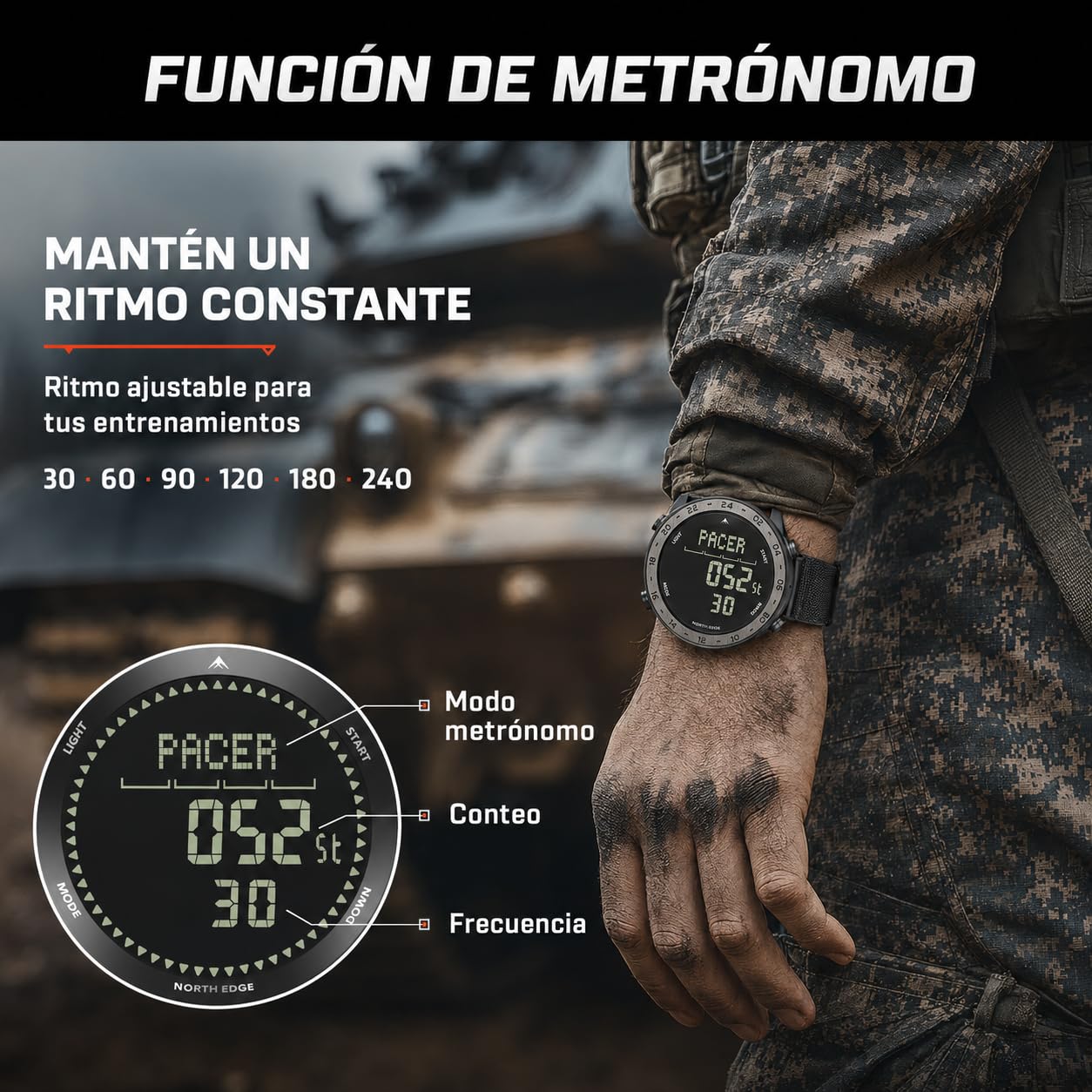 North Edge TANK3 Reloj Digital para Hombre, Podómetro 31 Días, Brújula
