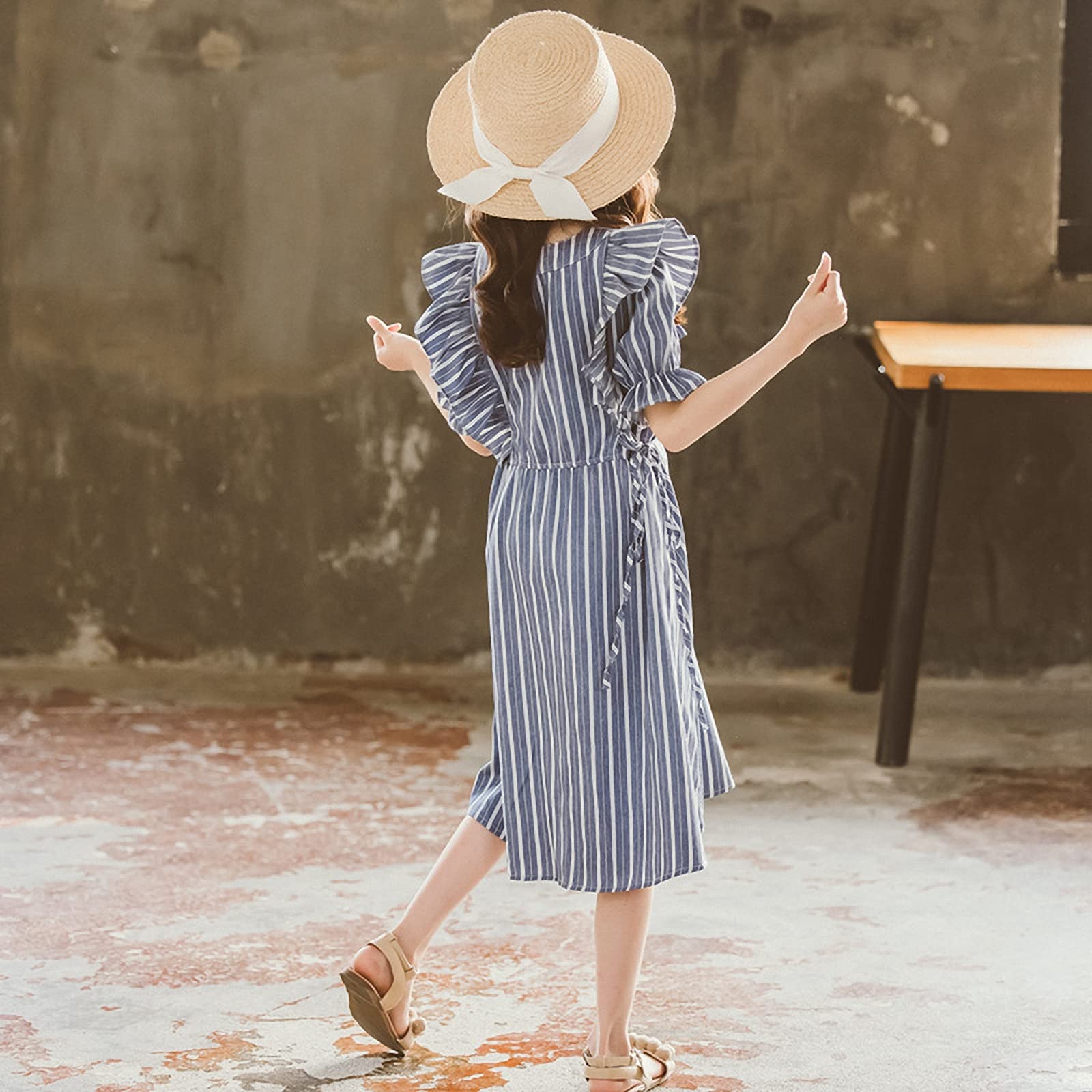 Vestido para niñas, Vestido de Princesa con Volantes a Rayas de Verano, Falda de Vacaciones en Playa con Mangas abullonadas de Encaje para niños medianos y Grandes