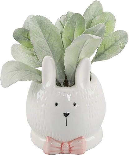 Flora Bunda Conejo de cerámica de 4 pulgadas con lazo rosa plantado oreja de cordero artificial para interiores, hogar, cocina, oficina, decoración
