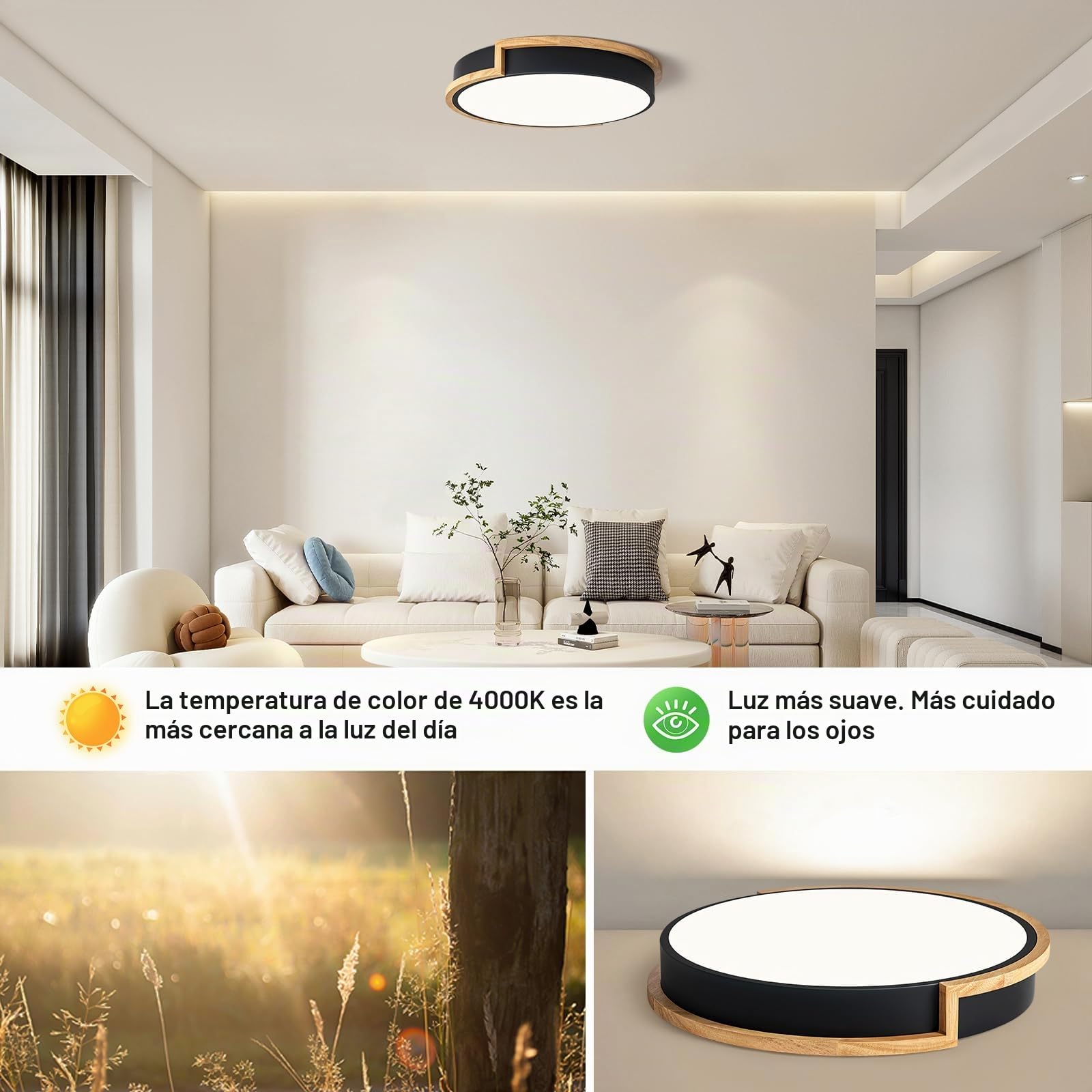 Plafon LED Techo, Plafon de Techo Negra de 40cm, Lámpara de 36W con Madera para Dormitorio,Sala de estar, Comedor, Cocina, Pasillo, 4000K