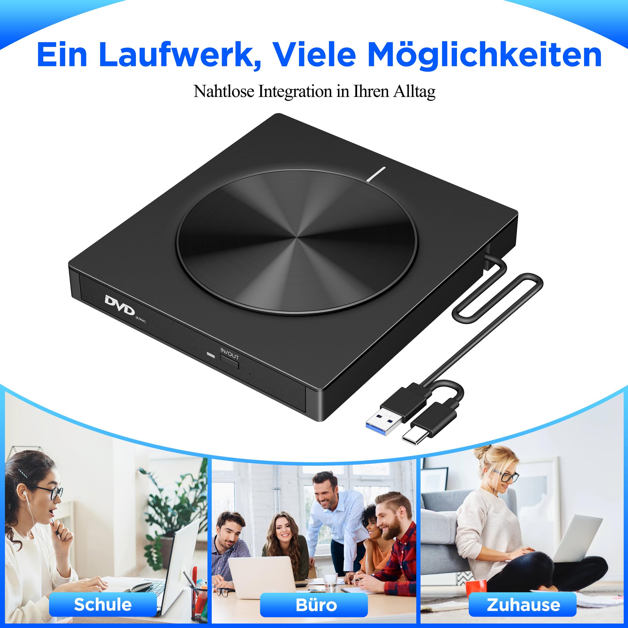 Lettore DVD CD esterno USB 3.0 & USB-C, unità ottica ultra sottile con 2 porte USB e lettore di schede SD/TF, Plug & Play External DVD Drive per laptop, PC, desktop, Windows, Mac, Linux