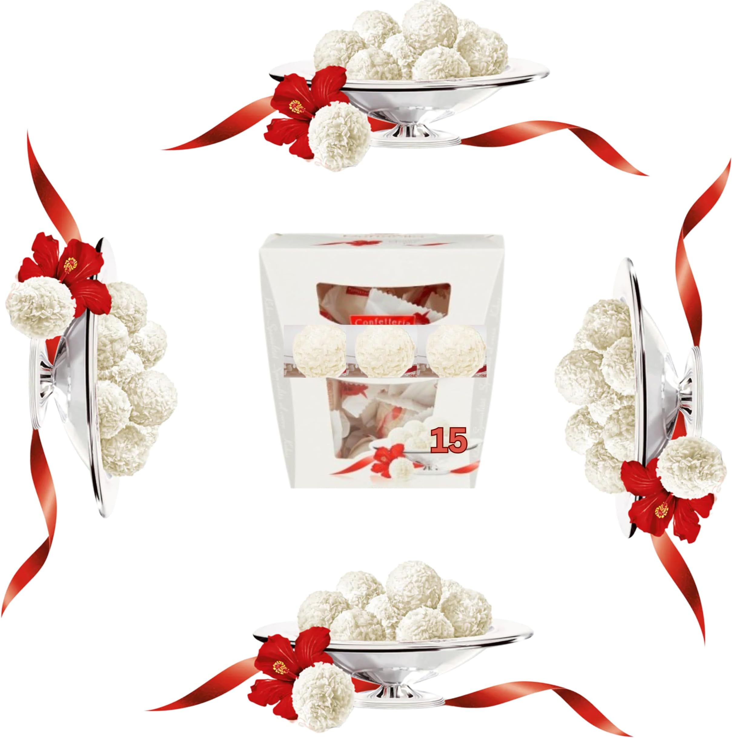Raffaello Pralines, White Chocolate Gift, Wedding Gifts, Gifts for Women and Men, Teacher Gifts, Party Chocolate Box, Coconut, Crunchy Whole Almond and Smooth Cream, Box of 15