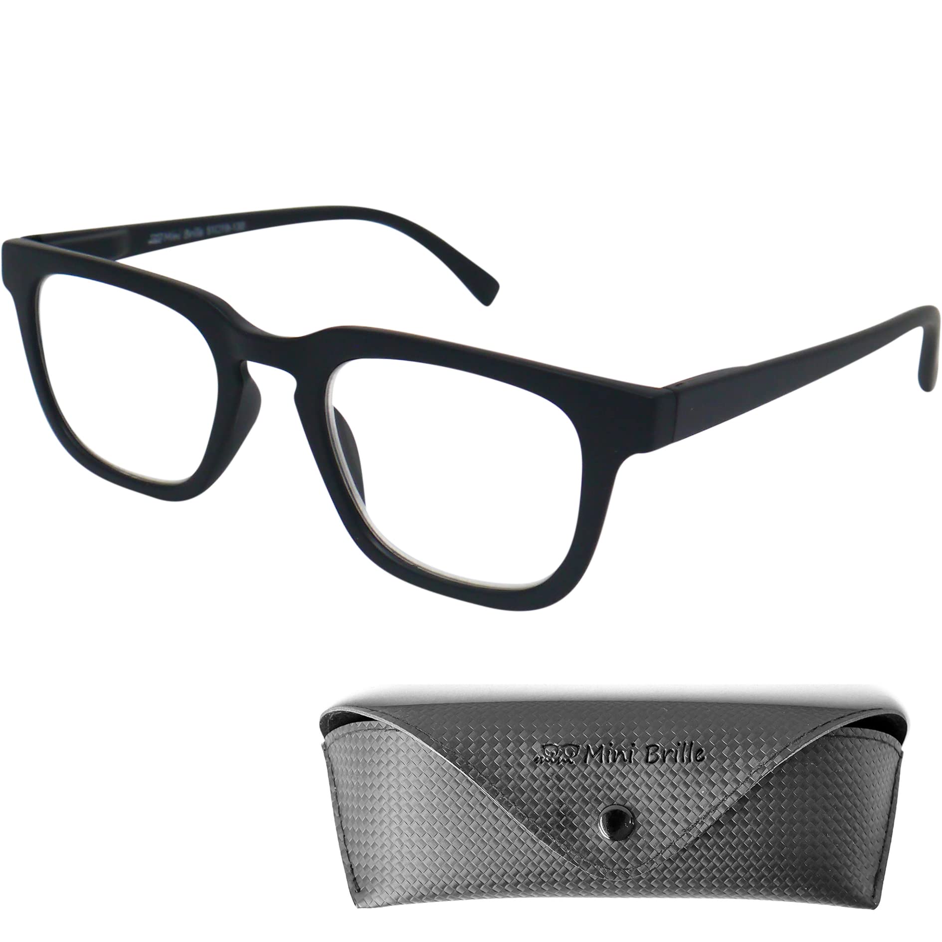 Mini Brille Reading Glasses with Rectangle Lenses, Free Case, Plastic Frame for Men and Women