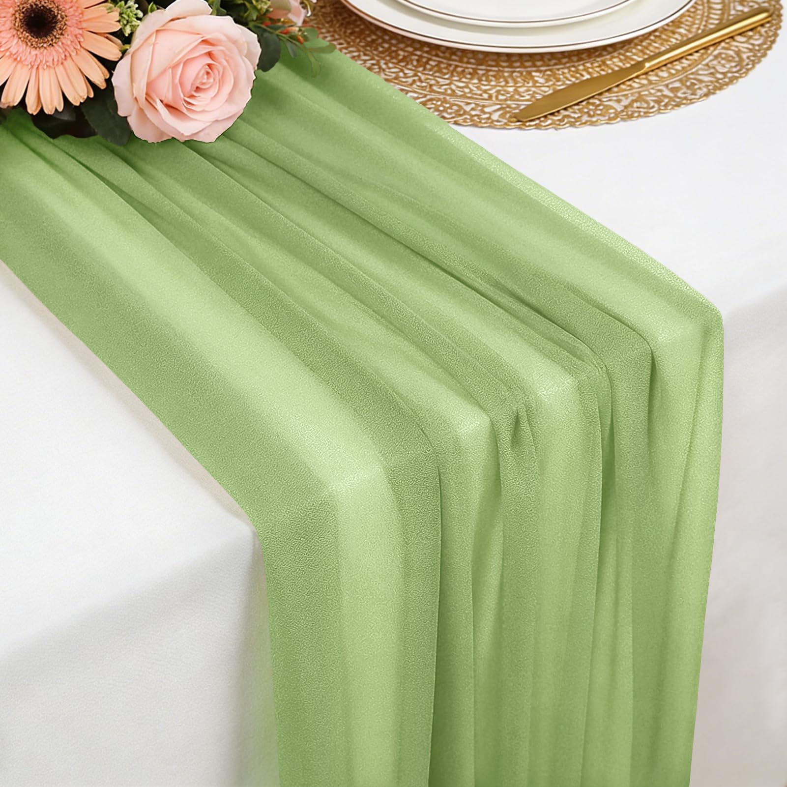 Tischläufer Grasgrün Chiffon, 77 X 300 cm Weich und Bequem Tischläufer für Boho Hochzeit, Party, Taufe Dekor, Babyparty, Brautparty Küche Tisch Dekoration