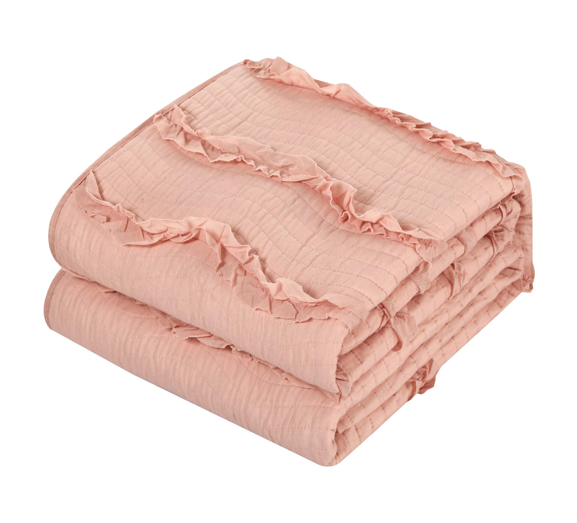 Chic Home Meghan 1 Piece Quilt Coverlet 100% Cotton Wave Pattern Stitching Ruffled Details Bedding, Queen, Blush